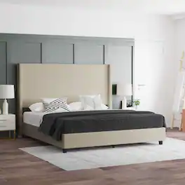 Emma + Oliver - Nora upholstered Platform Bed with Plush Padded Wingback Headboard and Wood Support Slats - No Box Spring Needed - Beige