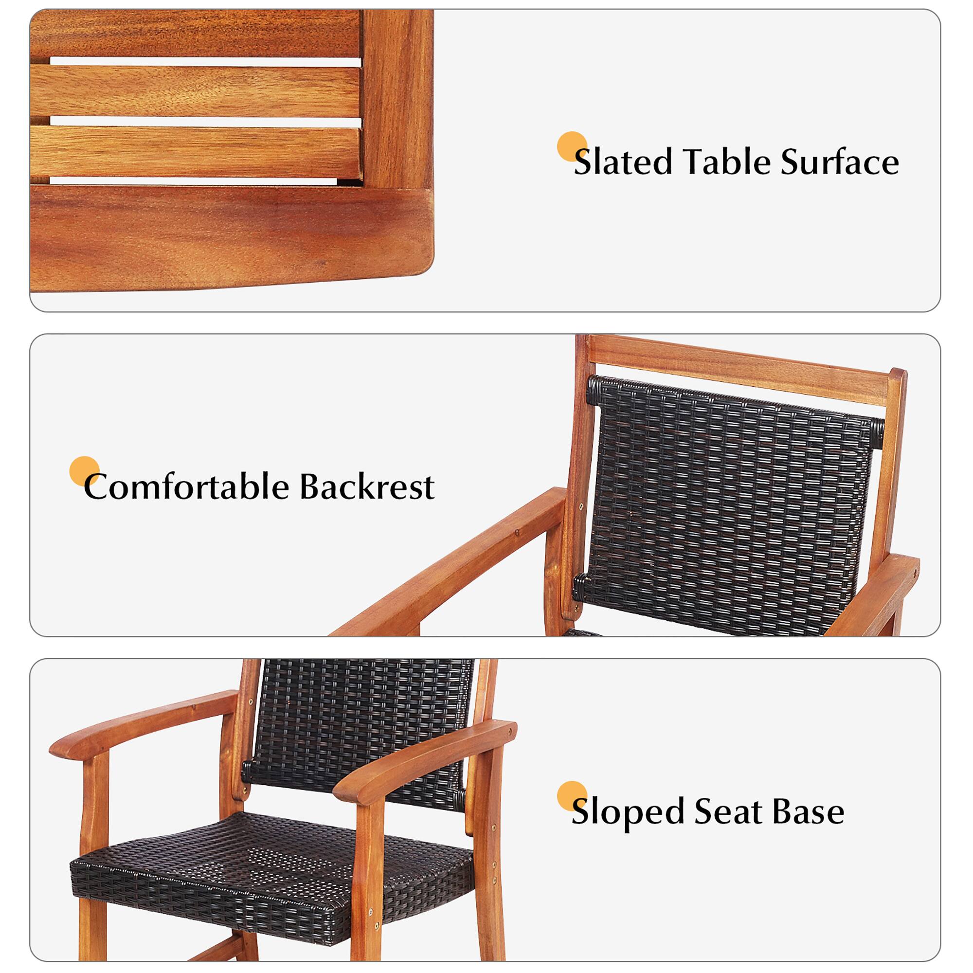 - Slated Table Surface
- Comfortable Backrest
- Sloped Seat Base