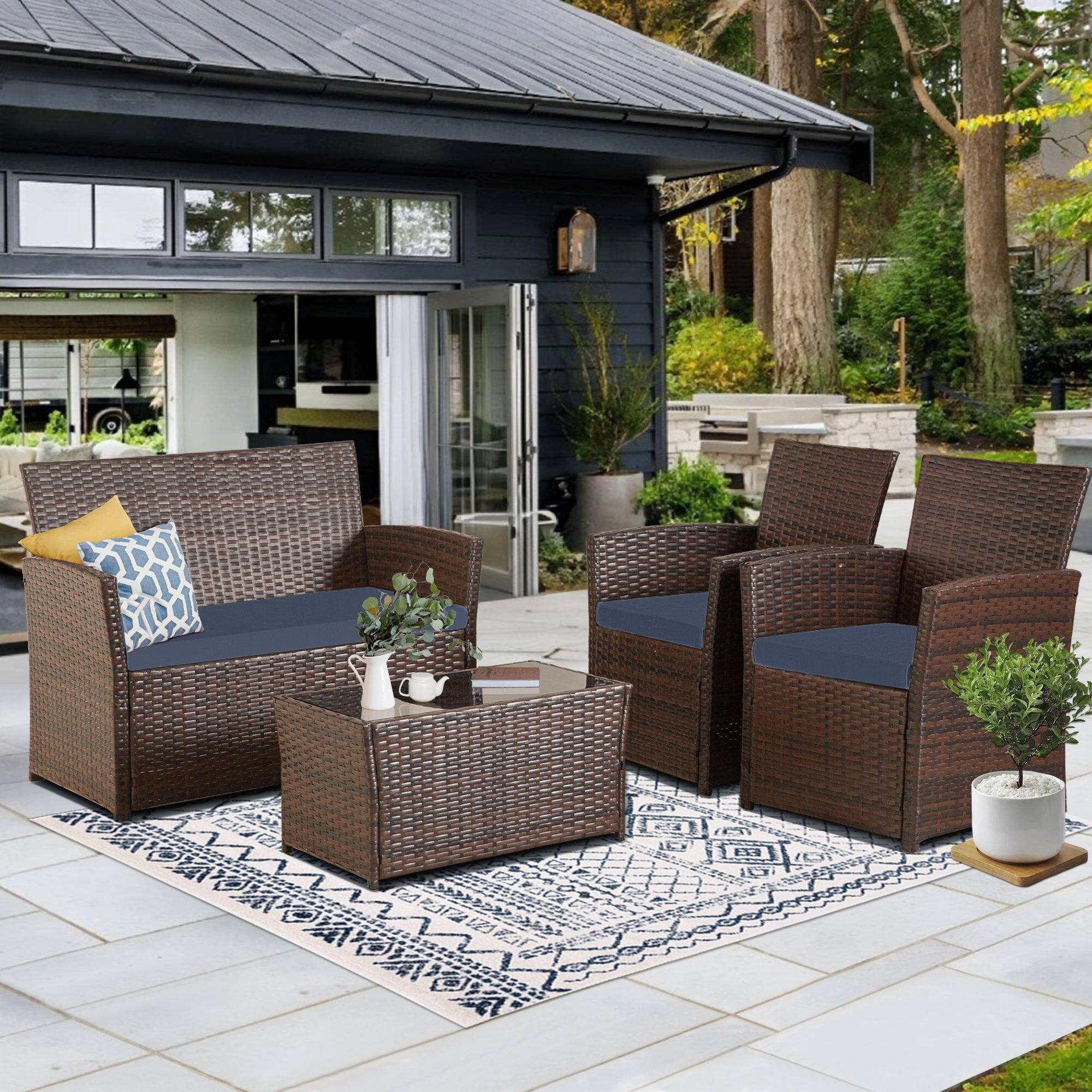 Alt View 2. Boyel Living - Blue Brown 4-Piece Set Outdoor Patio Sofa with 4-piece sofa set with coffee table - Brown.