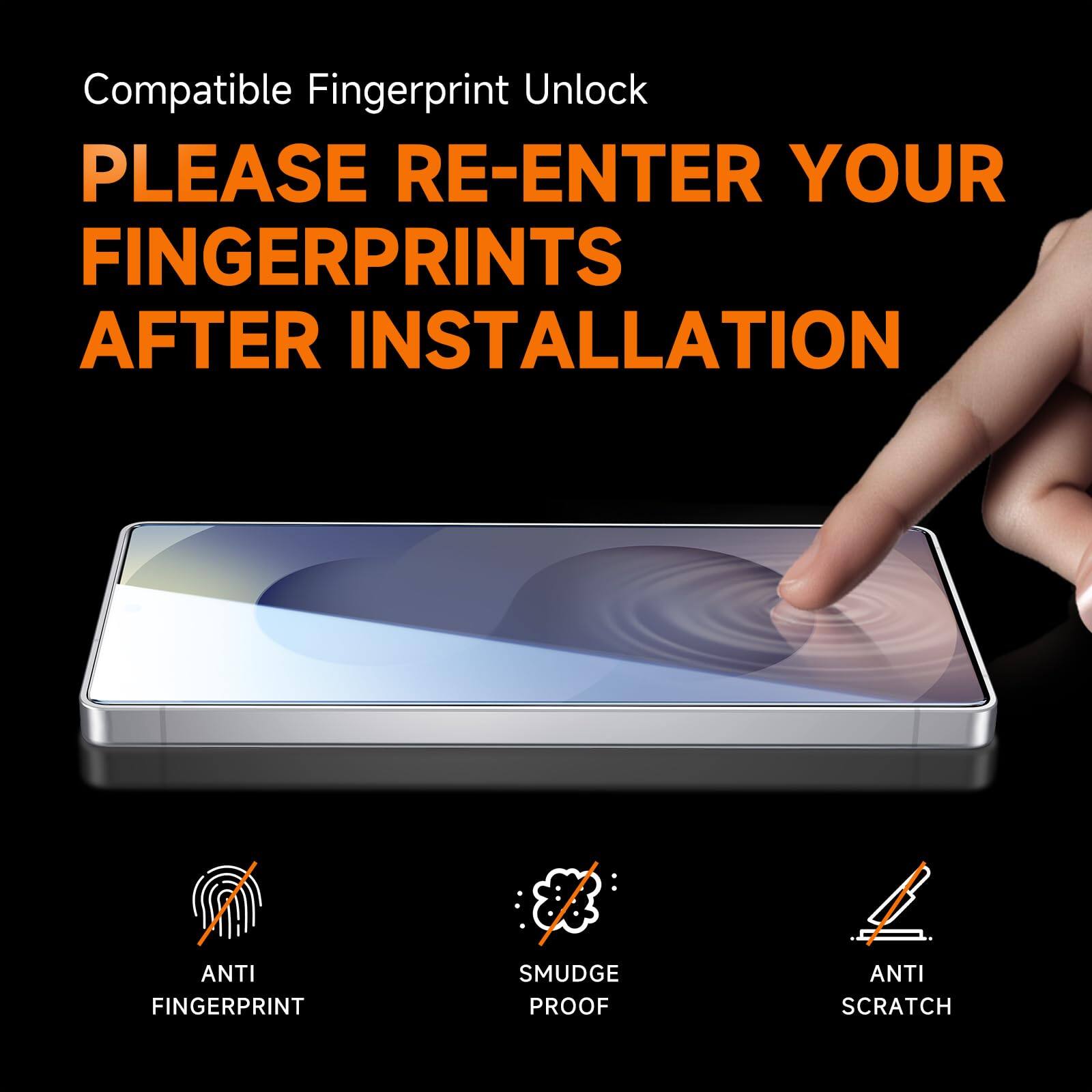 Compatible Fingerprint Unlock

PLEASE RE-ENTER YOUR FINGERPRINTS AFTER INSTALLATION

ANTI FINGERPRINT
SMUDGE PROOF
ANTI SCRATCH