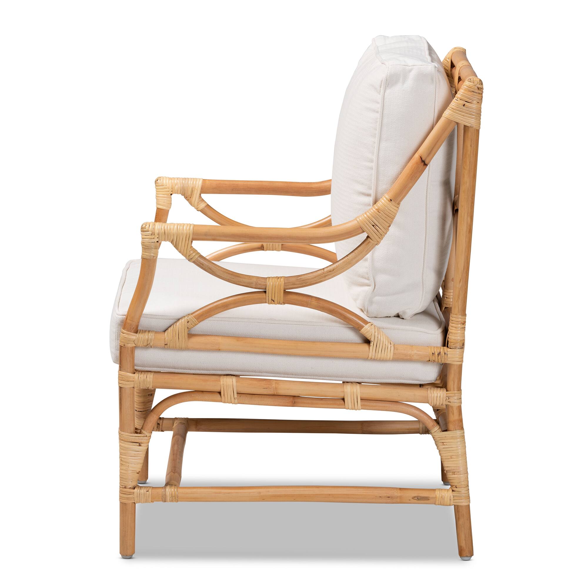 Left. bali & pari - Brandon Modern Bohemian Fabric Upholstered and Rattan Armchair - White/Natural Brown.
