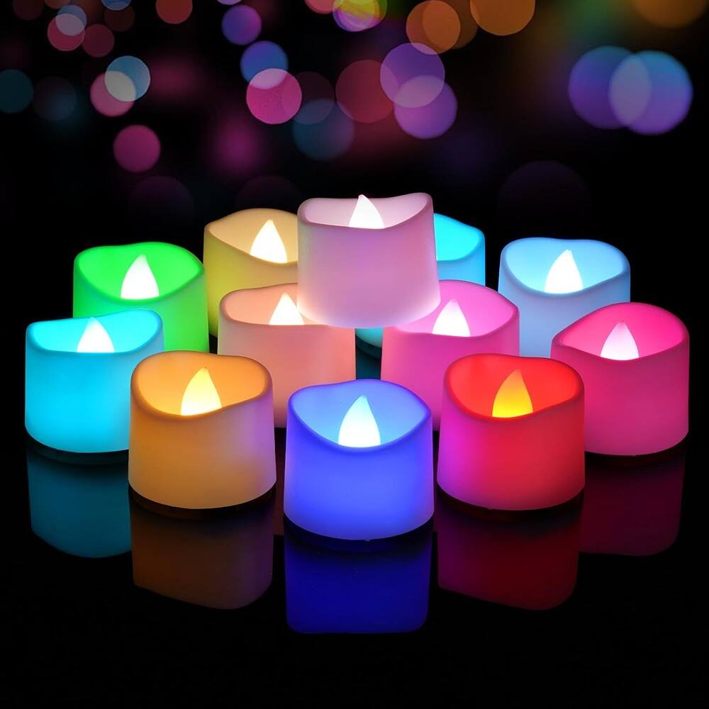 Front. RTMB - “12-Pack Color-Changing LED Tea Light Candles, Battery Operated”.