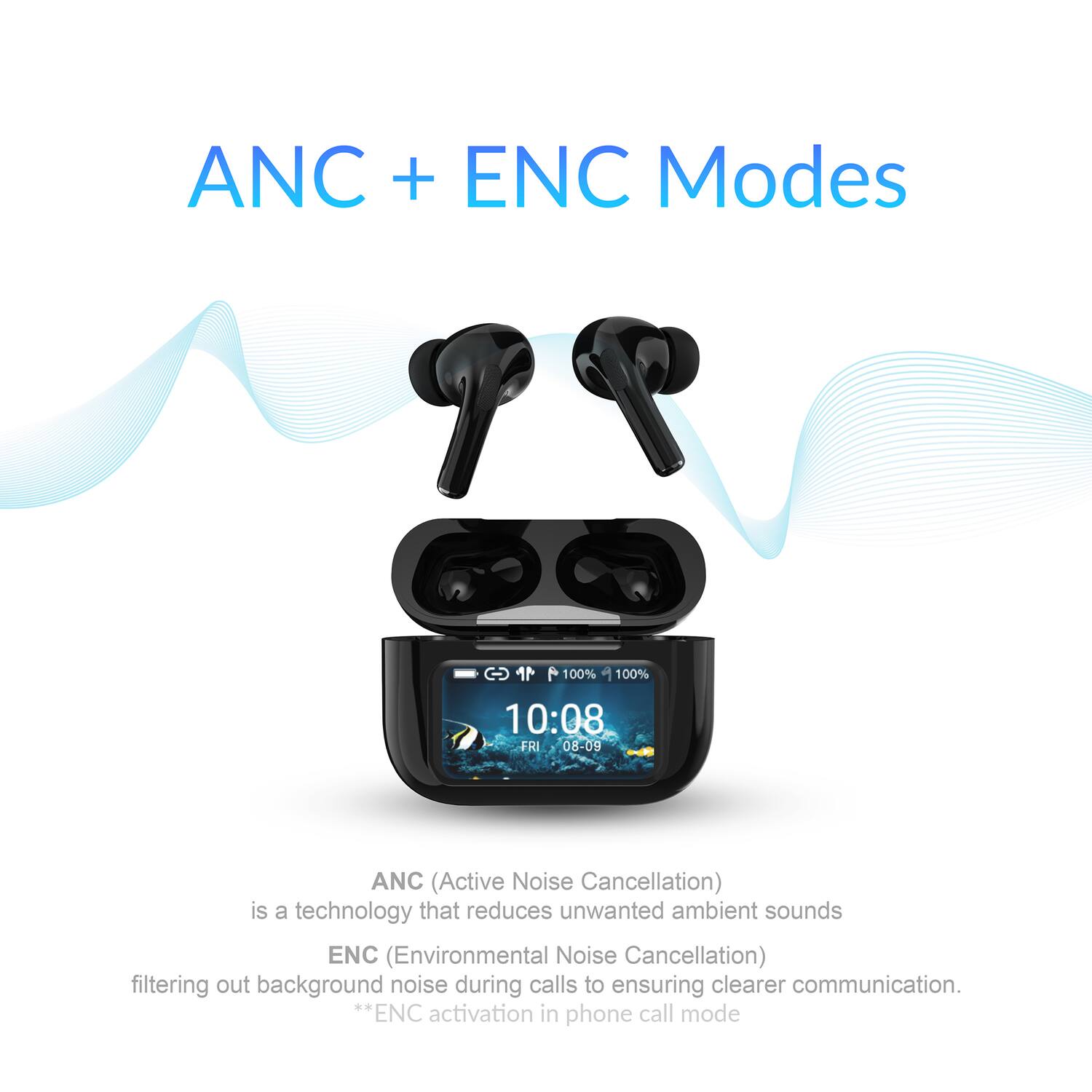 ANC + ENC Modes

ANC (Active Noise Cancellation) is a technology that reduces unwanted ambient sounds.

ENC (Environmental Noise Cancellation) filters out background noise during calls to ensure clearer communication.

**ENC activation in phone call mode**