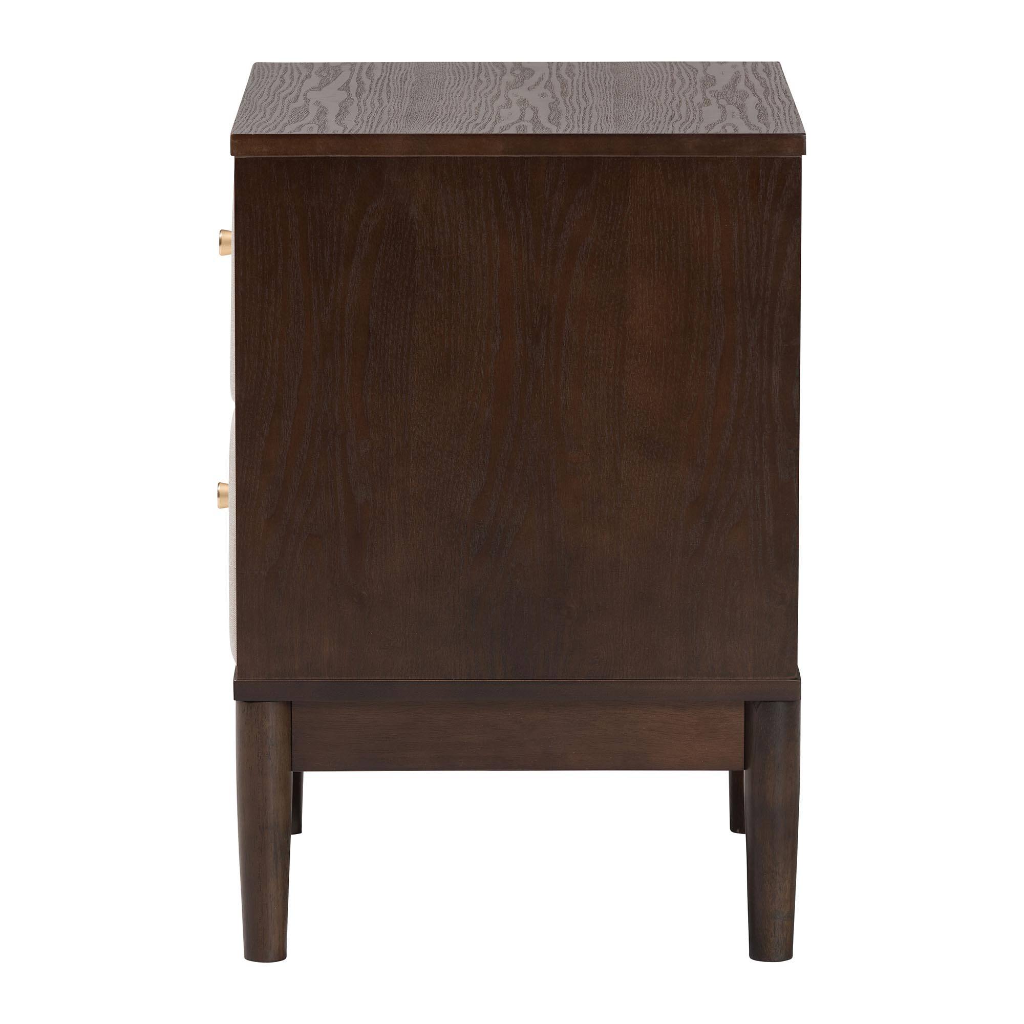 Back. Baxton Studio - Nikolai Mid-Century Fabric and Wenge Brown Wood 2-Drawer Nightstand - Beige/Wenge Brown.