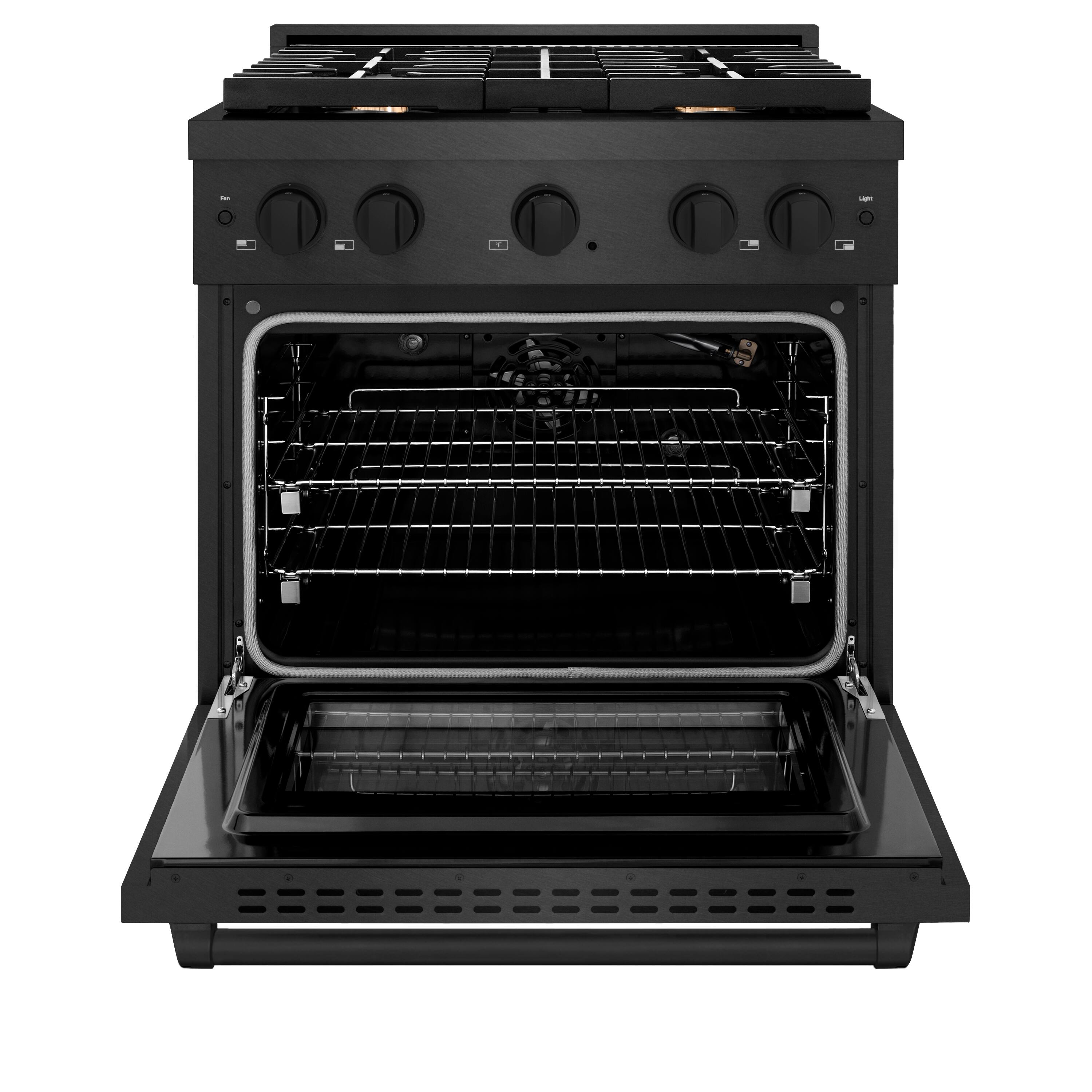 Angle. ZLINE - 30 in. 4.2 cu. ft. Manual Clean Freestanding Gas Range with Convection Oven in Black Satin Steel with 4 Brass Burners - Black Satin Stainless Steel.