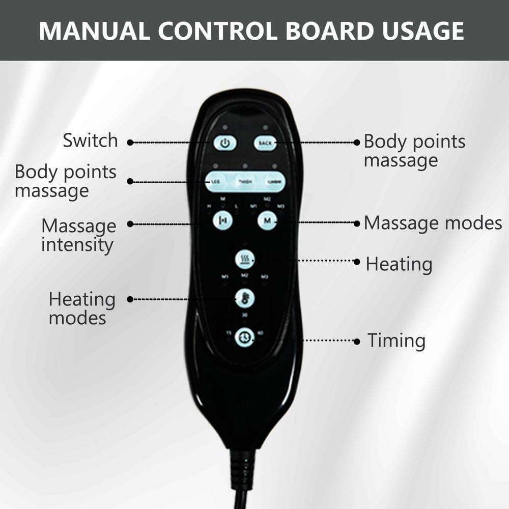 MANUAL CONTROL BOARD USAGE

- Switch
- Body points massage
- Massage intensity
- Heating modes
- Body points massage
- Massage modes
- Heating
- Timing