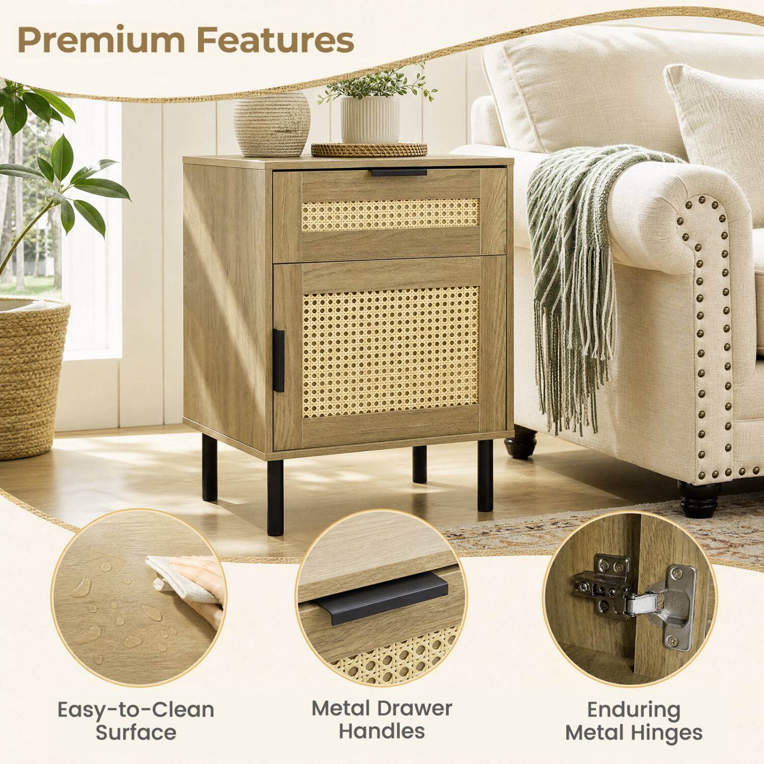 Premium Features

- Easy-to-Clean Surface
- Metal Drawer Handles
- Enduring Metal Hinges