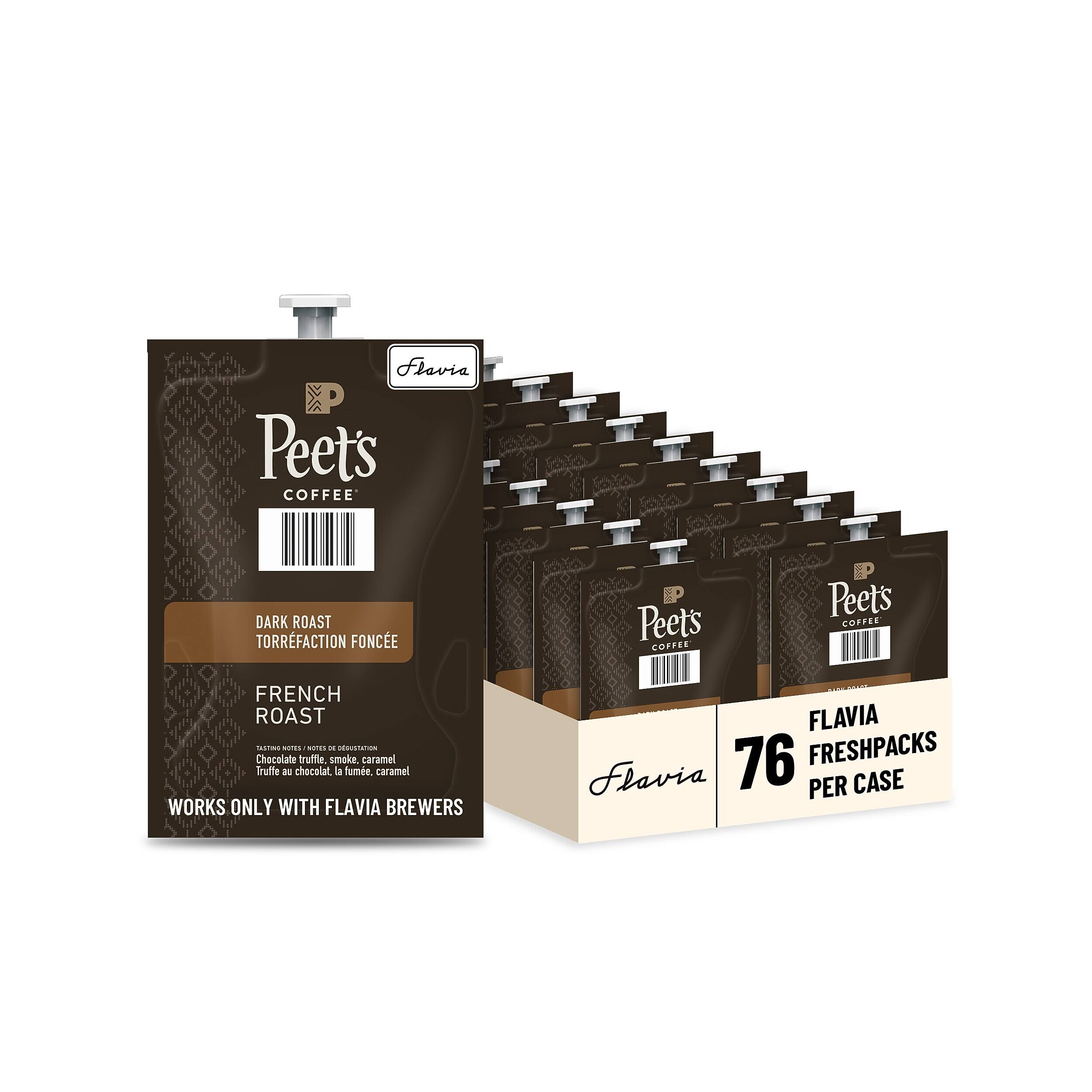 Flavia Peet's COFFEE DARK ROAST TORREFACTION FONCÉE Peet's COFFEE FRENCH ROAST  
Tasting Notes: Chocolate truffle, smoke, caramel  
Truffe au chocolat, la fumée, caramel  
WORKS ONLY WITH FLAVIA BREWERS  
FLAVIA 76 FRESHPACKS PER CASE