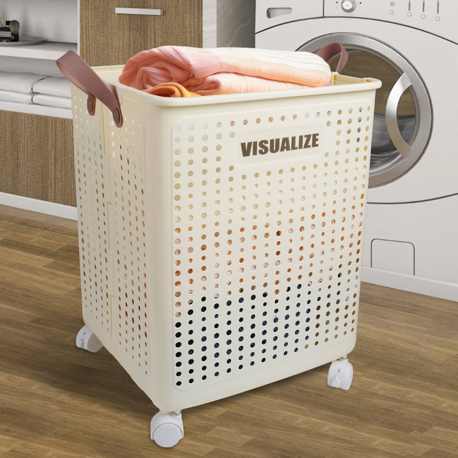 Front. KOOMADE - KOOMADE Multifunctional Folding Laundry Basket with Wheels Clothes Storage Basket Large Capacity Laundry Basket Portable - Off-white.