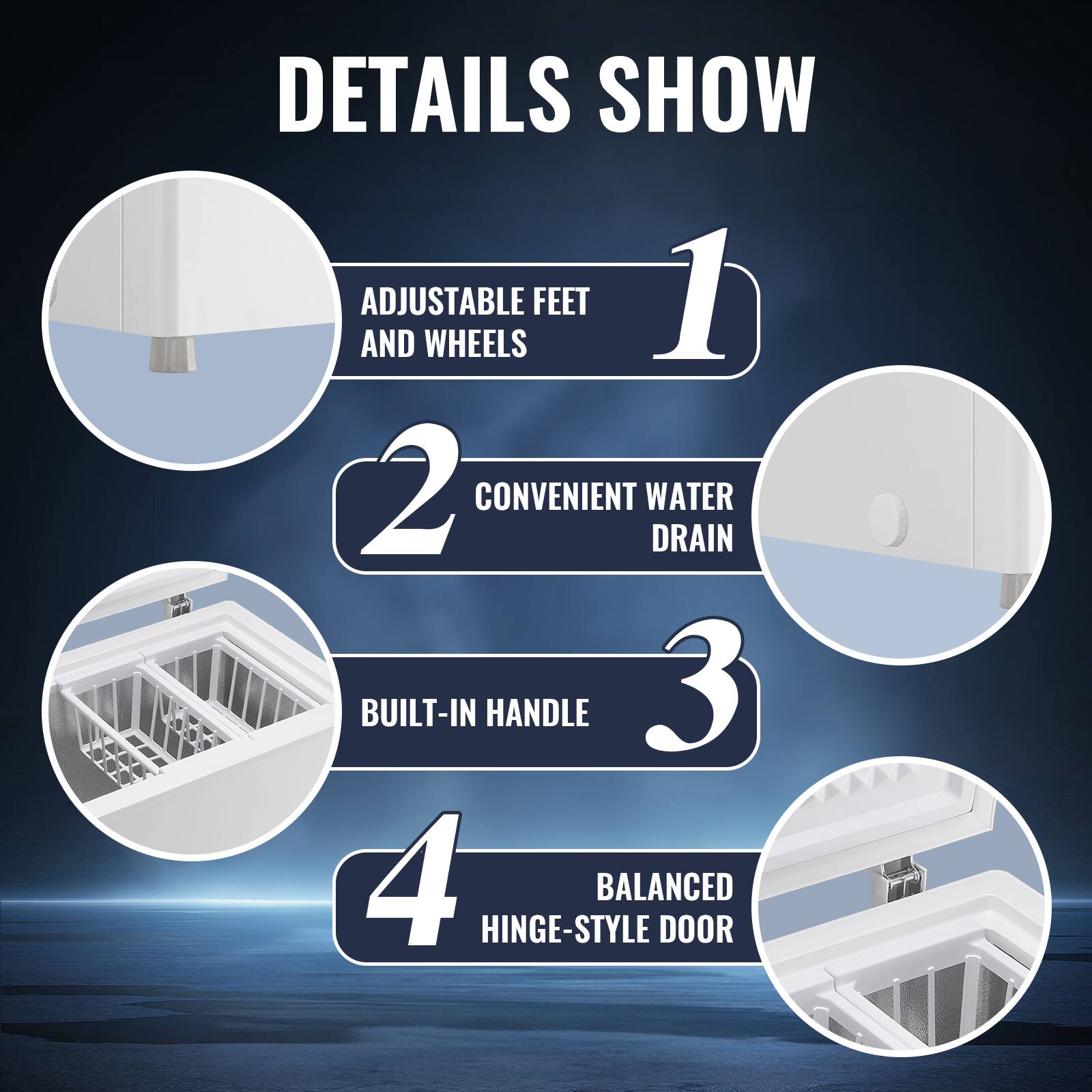 DETAILS SHOW

1. ADJUSTABLE FEET AND WHEELS

2. CONVENIENT WATER DRAIN

3. BUILT-IN HANDLE

4. BALANCED HINGE-STYLE DOOR