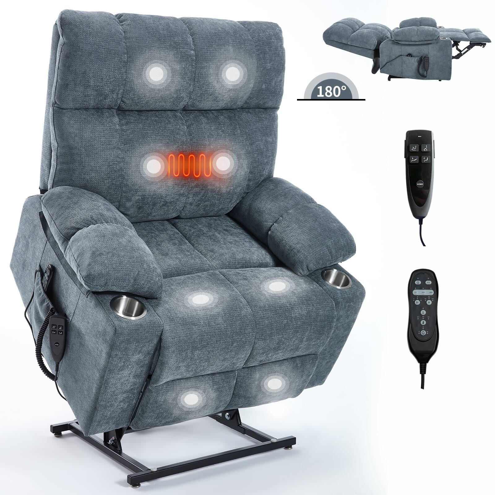 Back. APRILSOUL - Grey Dual Motor Chenille Power Lift Recliner Chair 8 Point Massage Heating Dual Cup Holders - Gray.