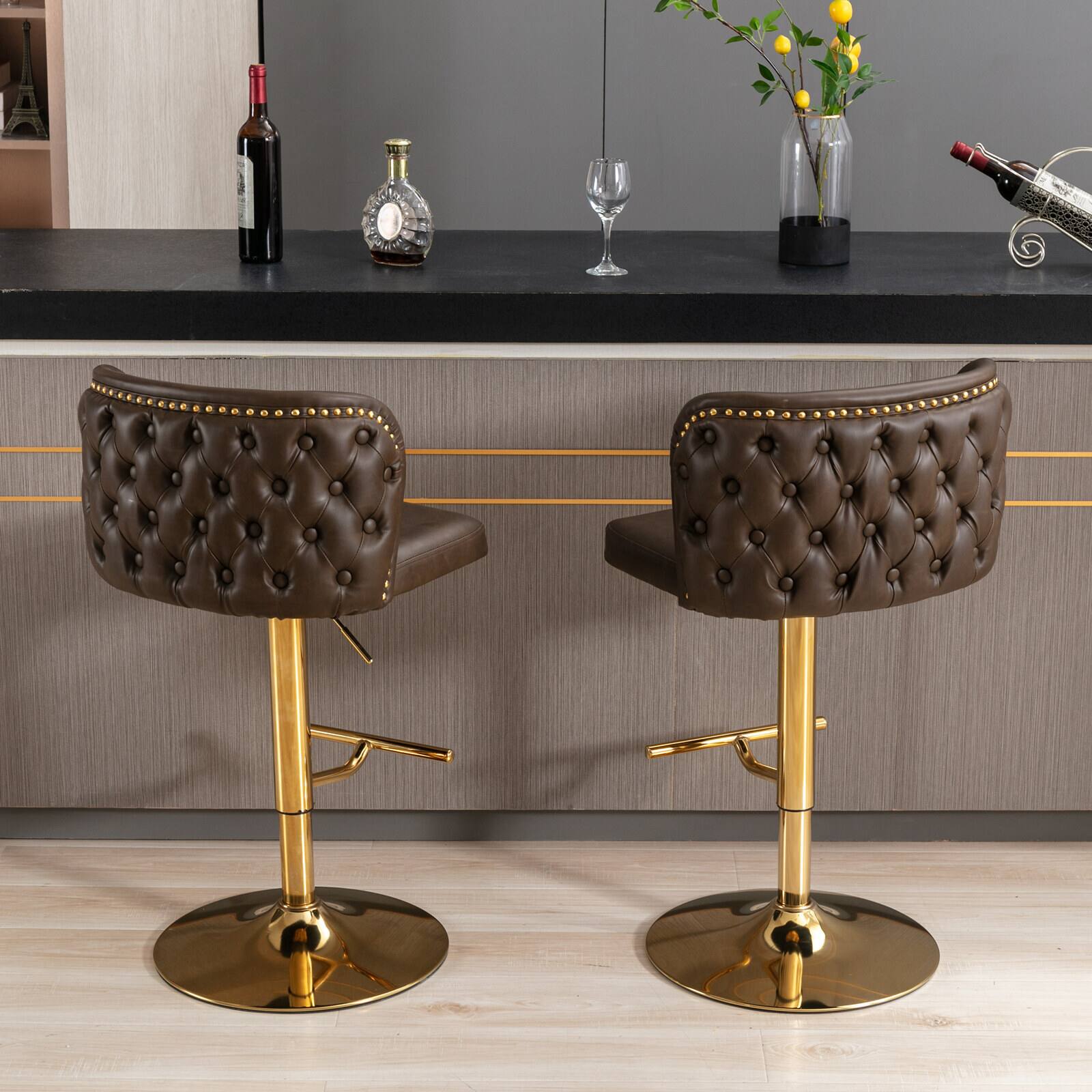 Angle. Trinkets Crazed - Swivel Barstools Set of 2, Adjusatble Seat Height with Gold-Plating Base, Classic PU Upholstered Bar Stools - Brown.