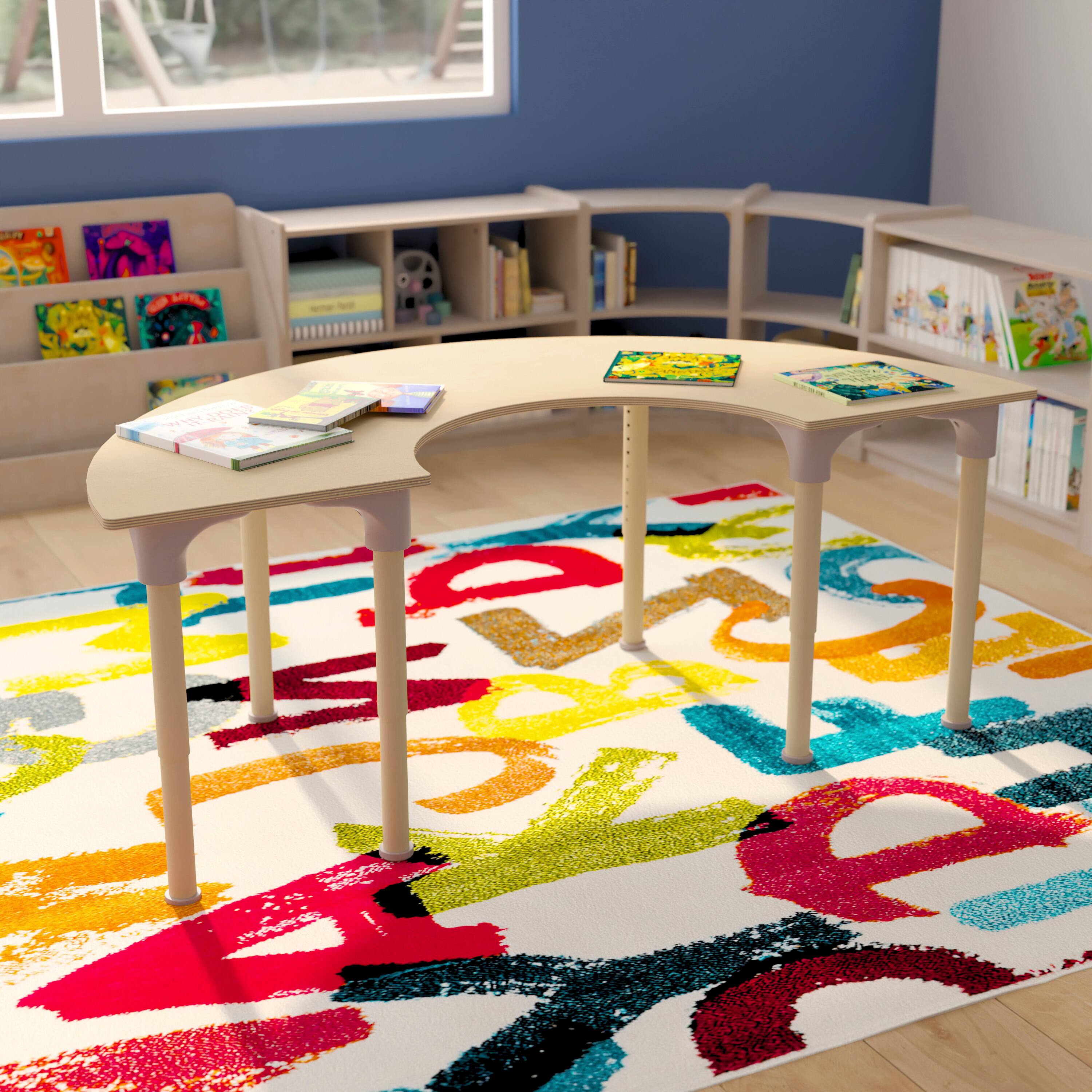 Alt View 1. Flash Furniture - Bright Beginnings 59" Commercial Grade Wooden Half Circle Adjustable Height Classroom Activity Table - Metal Legs Adjust - Natural.