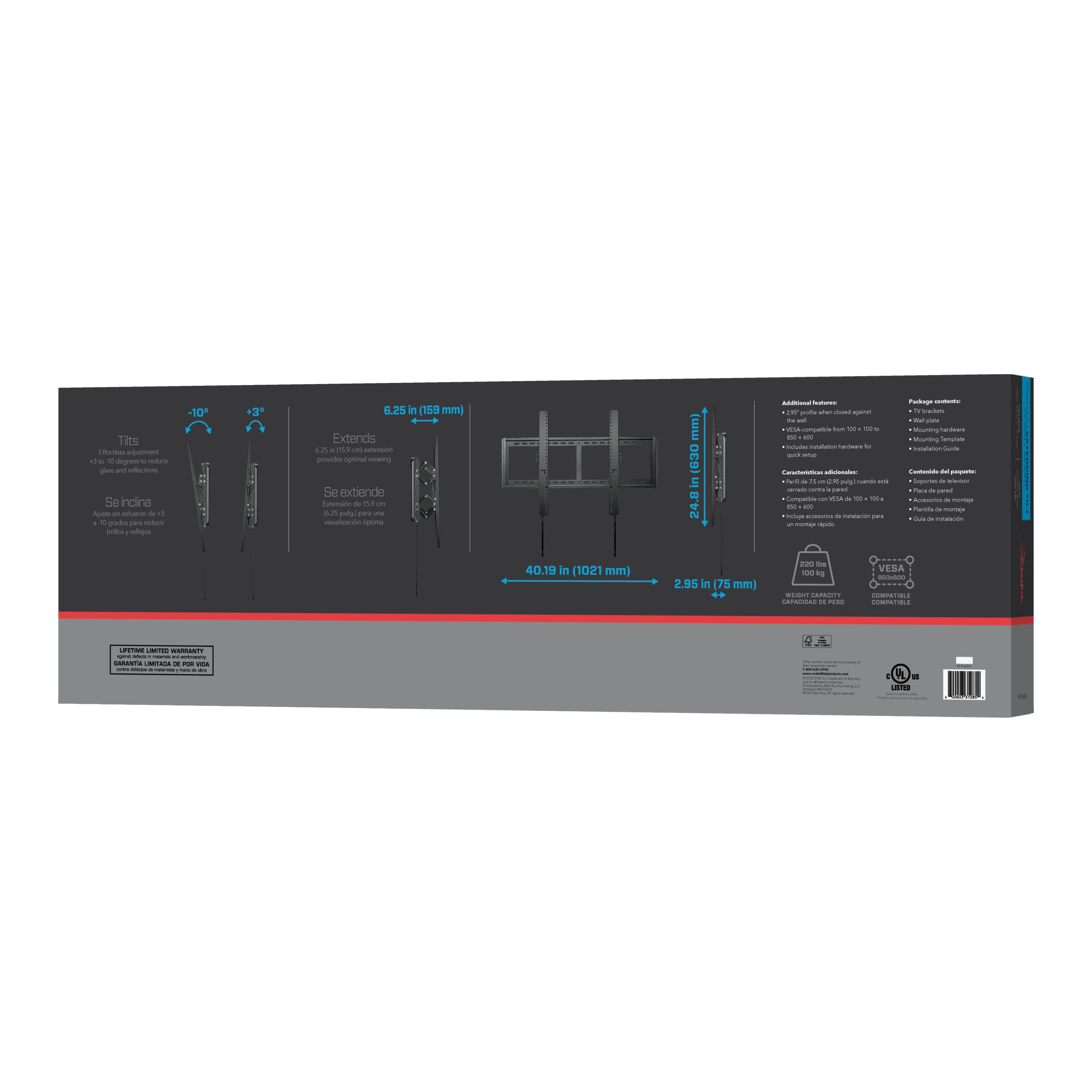 Sure, here is the corrected and grouped text from the image:

---

**Tilt**
- 10° backward tilt
- 3° forward tilt

**Extends**
- 6.25 in (159 mm)
- 6.25% of total extension

**Se inclina**
- 10° inclinación hacia atrás
- 3° inclinación hacia adelante

**Se extiende**
- 6.25 in (159 mm)
- 6.25% de la extensión total

**Additional Features:**
- 10° tilt
- 6.25 in (159 mm) extension
- 40.19 in (1021 mm) max. height
- 2.95 in (75 mm) depth
- 100% cable management
- Compatible with LG IPS Nano Cell, OLED, Nano Cell, Nano IPS, Nano IPS 4K, Nano IPS 4K, Nano IPS 4K, Nano IPS 4K, Nano IPS 4K, Nano IPS 4K, Nano IPS 4K, Nano IPS 4K, Nano IPS