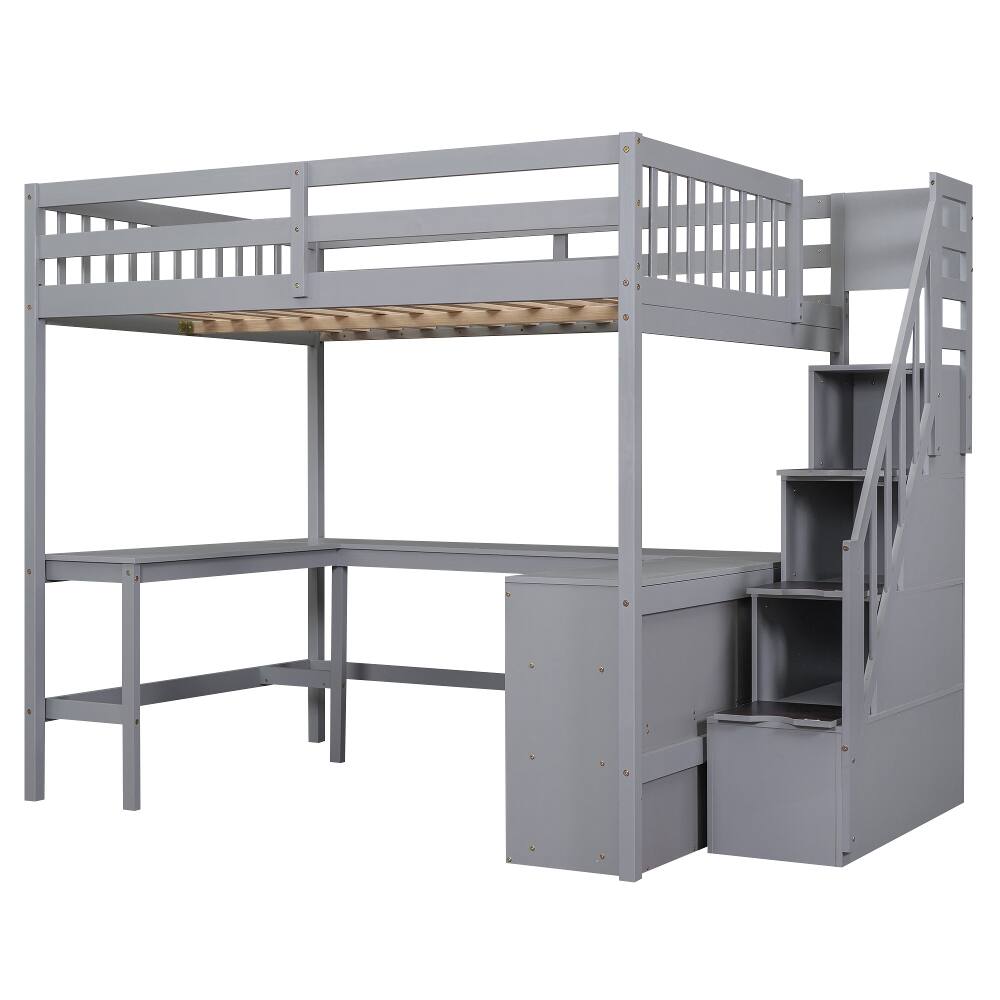 Alt View 7. Loheer - Loheer Full Size Loft Bed with Desk, Gray Loft Bed with Storage Stairs and Shelves, Pine Wood - Gray.