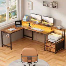 Furnulem - L Shaped Computer Desk with Charging Station Gaming Desk with LED Lights 2 Drawers Monitor Stand - Brown