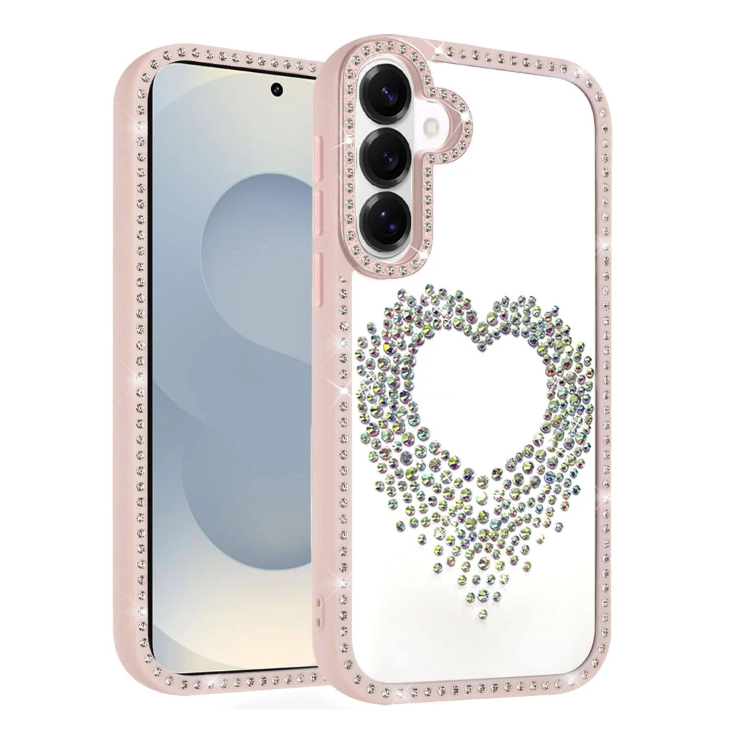 Front. Kitcheniva - Heart Shaped Crystals Design Phone Case With Tempered Glass For Samsung Galaxy S26+ Plus Pink - Pink.