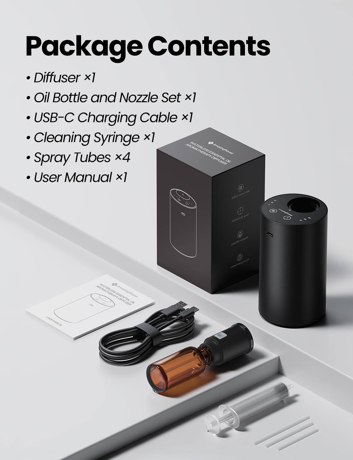 Package Contents

- Diffuser x1
- Oil Bottle and Nozzle Set x1
- USB-C Charging Cable x1
- Cleaning Syringe x1
- Spray Tubes x4
- User Manual x1