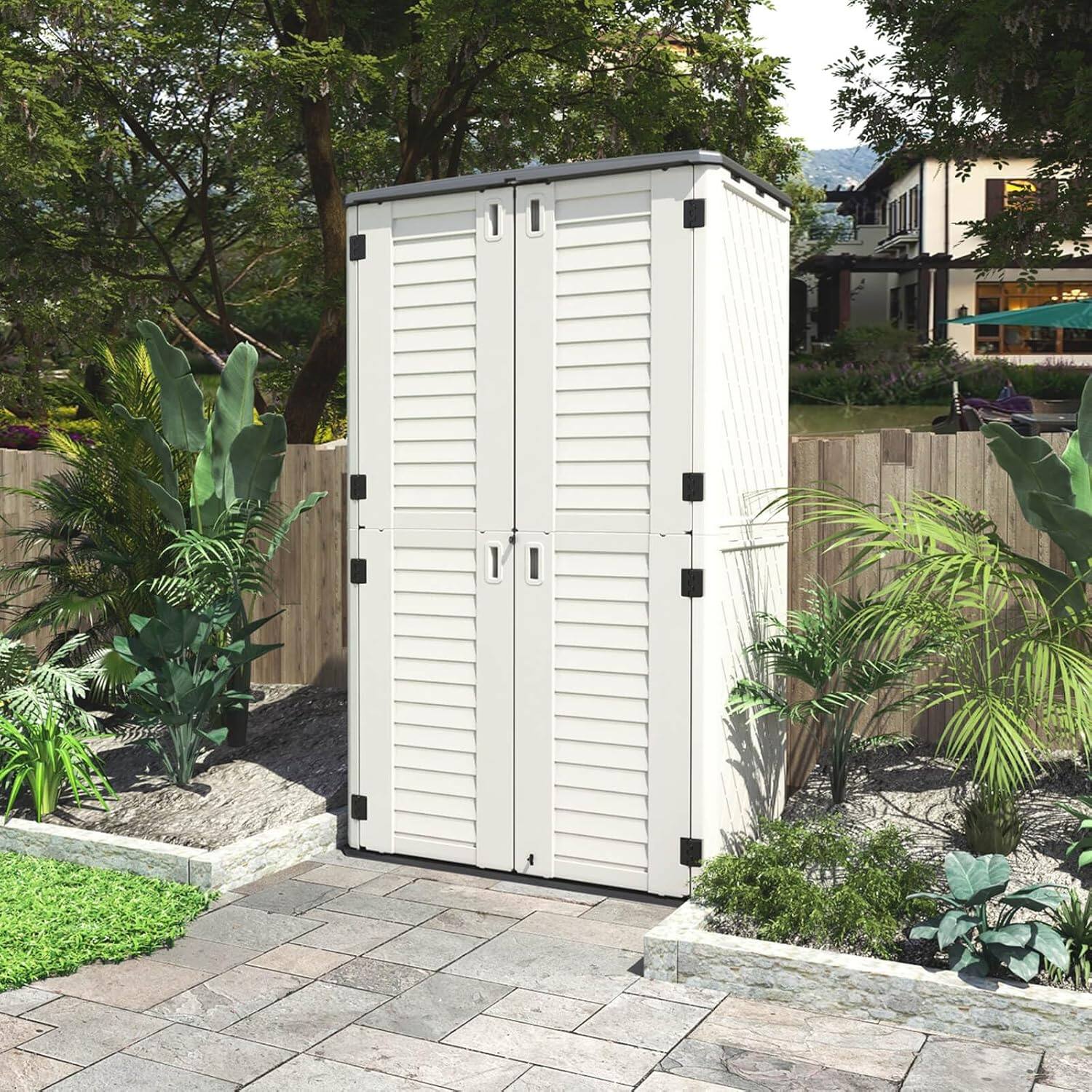 Angle. Yardgrace - 66 Cu.ft Waterproof Resin Vertical Storage Shed, Lockable. Outdoor Storage Box for Garden, Backyard, Home & Pool - White.
