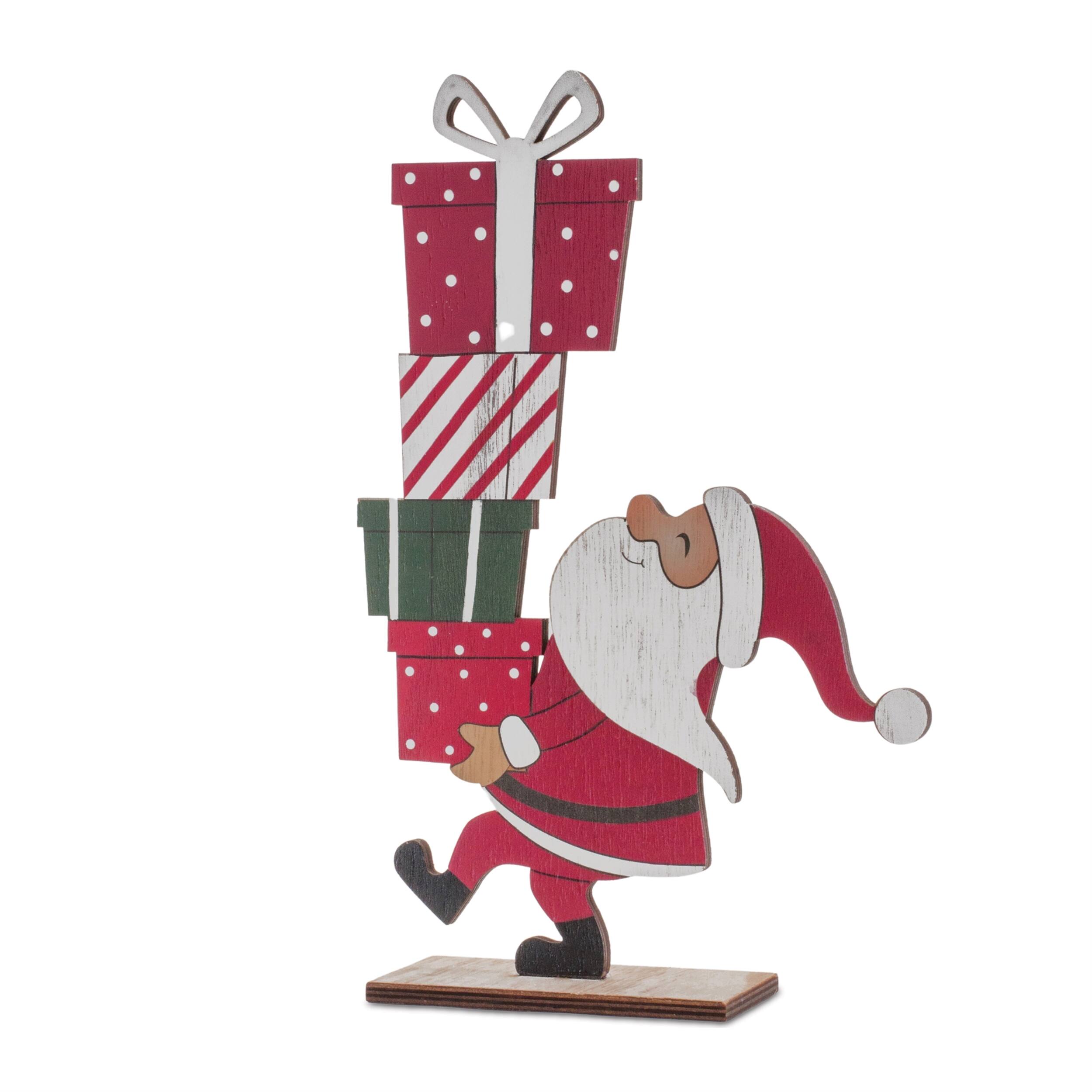 Back. BreeBe - Wood Santa with Presents Display (Set of 2) - Red, White, Green.