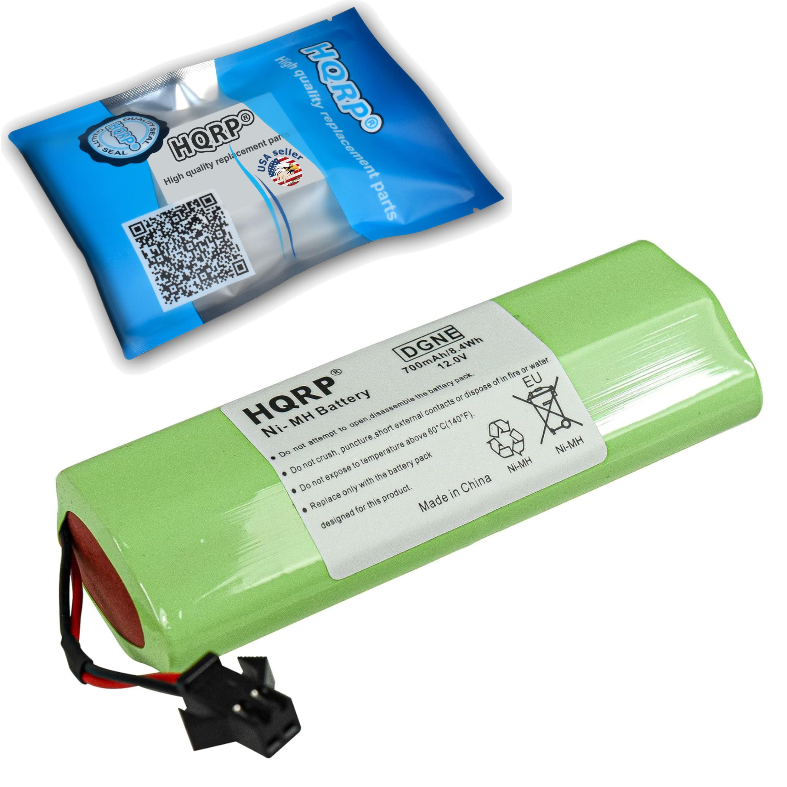 High quality replacement parts  
HQRPO SEAL  
USA seller  
DGNE 700mAh/8.4Wh 12.0V  
Ni-MH Battery  
Made in China  

Do not attempt to open, disassemble, crush, puncture, or dispose of in fire or water.  
Do not expose to temperatures above 60°C (140°F).  
Do not replace with battery pack designed for this product.  

Ni-MH Battery  
700mAh/8.4Wh 12.0V  
EU  
Made in China  

HQRPO  
High quality replacement parts  
USA seller