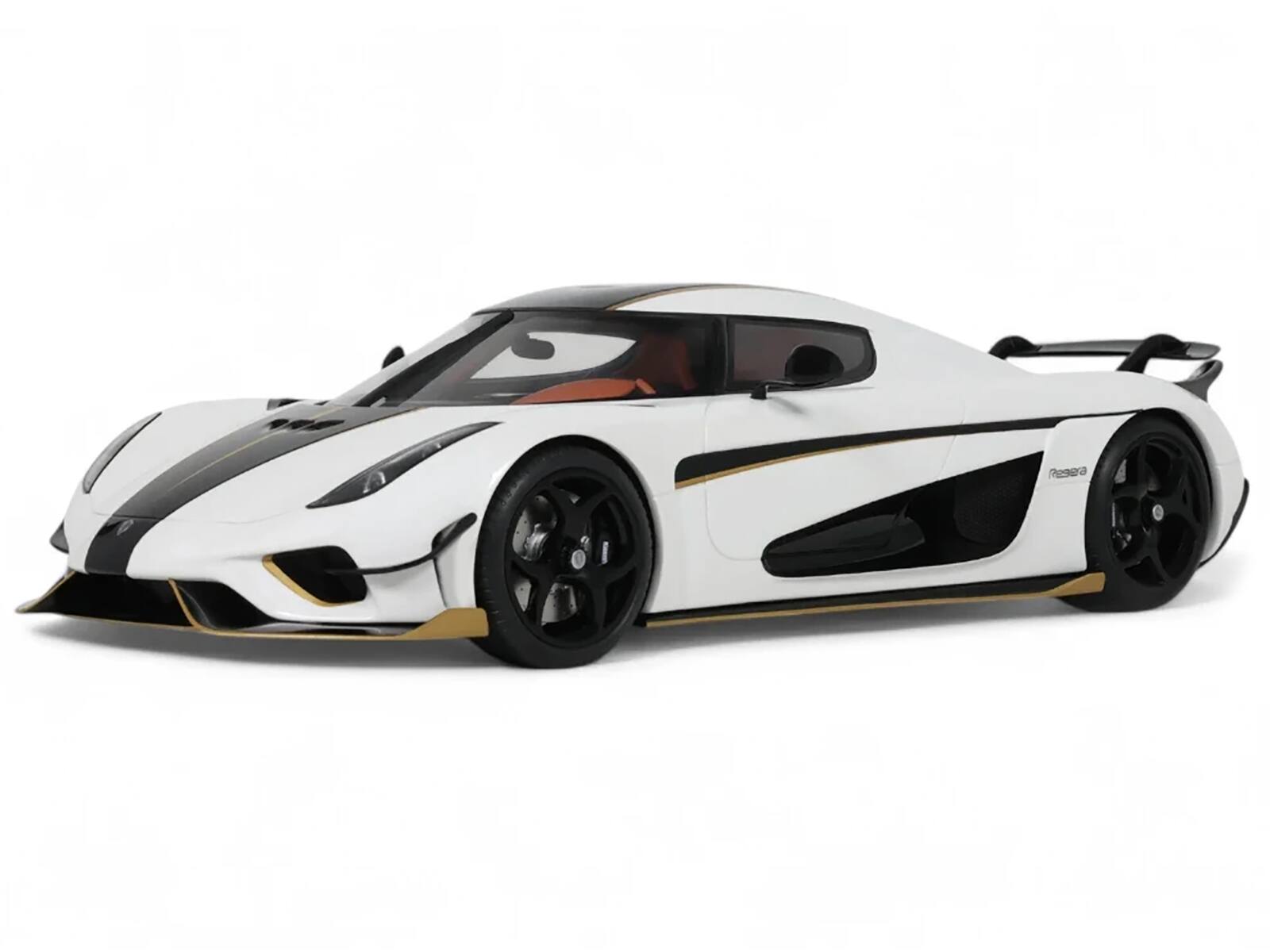 Front. GT Spirit - 2023 Koenigsegg Regera White with Black Stripes 1/18 Model Car by GT Spirit.