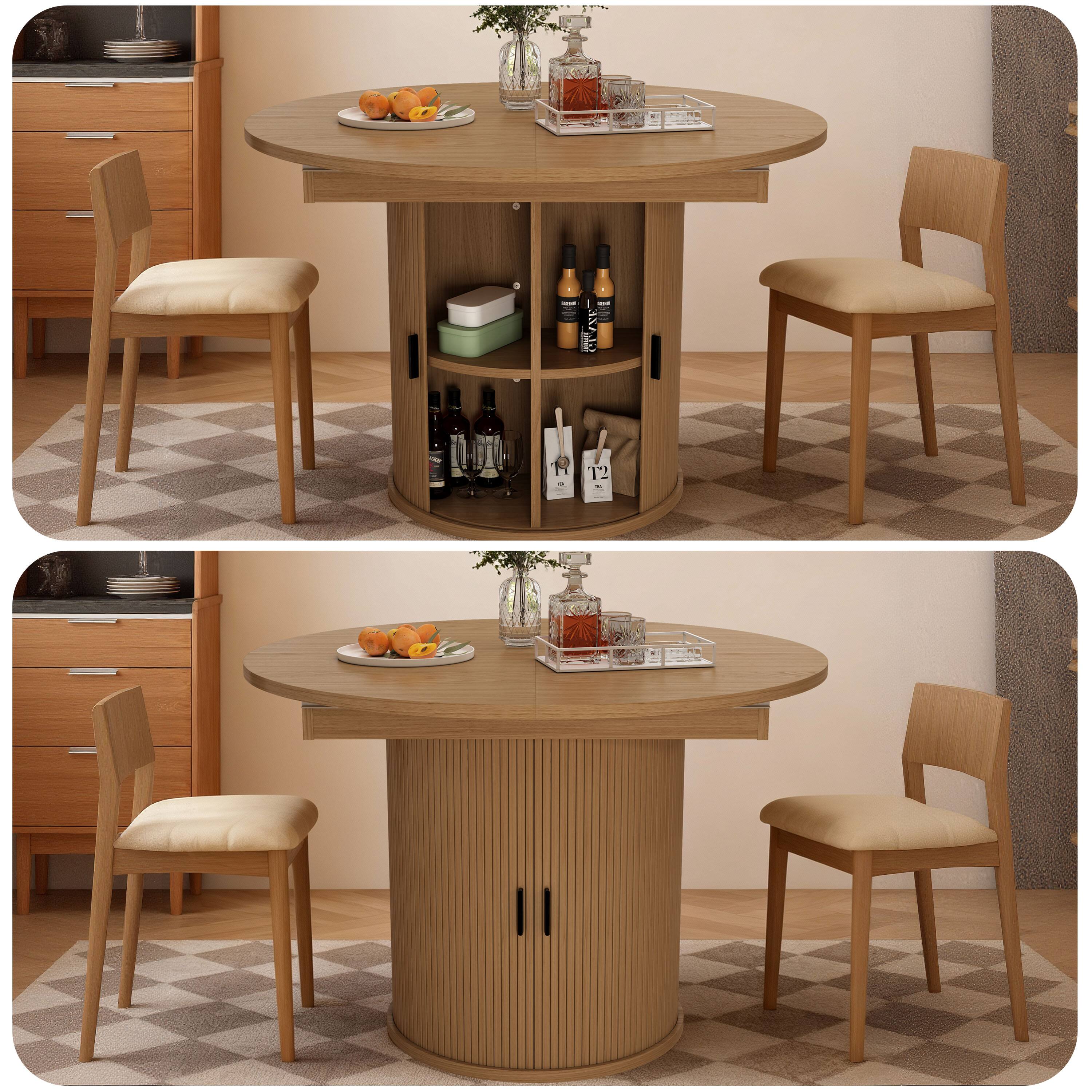 Alt View 1. Dyonery - Extendable Round Dining Table, 43-59 Inch Dining Room Kitchen Table with 2-Tier Storage Shelf With base，wood tabletop - Walnut.