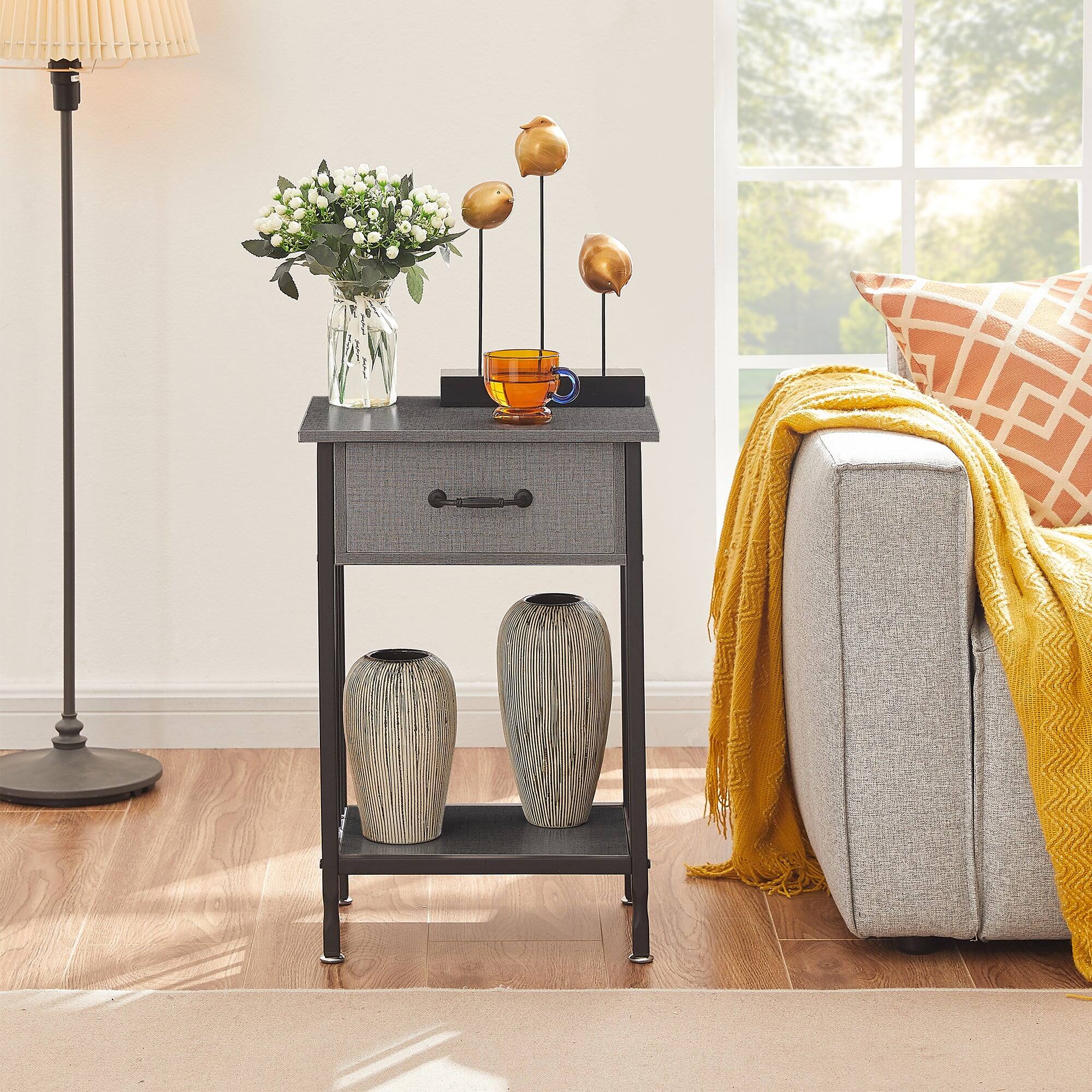 Alt View 4. Vecelo - Set of 2 Industrial Nightstand - Bedside Table with Drawer, Compact End Table with Adjustable Feet, Metal Frame - Dark Grey.