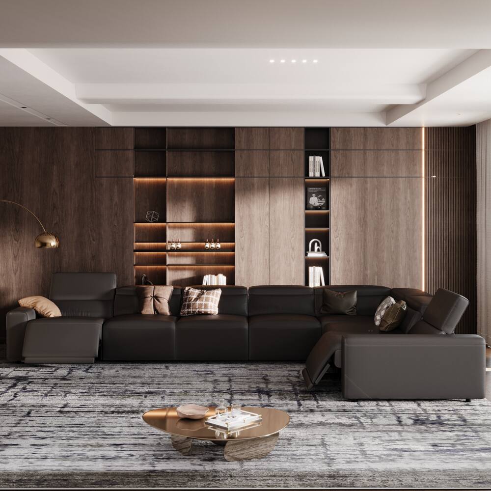 Left. POVISON - 171.26" Power L Shape Modular Couch With 2 Recliner Seats,USB/Type C Charging Port, Adjustable Headrest, Khaki - Black Sustainable Leather.