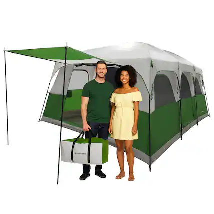 Front. Wakeman Outdoors - 12 Person Large Camping Tent Tall Family Cabin Shelter with 2 Room Dividers, 6 Mesh Windows, Rainfly, and Carry Bag - Green/Gray.