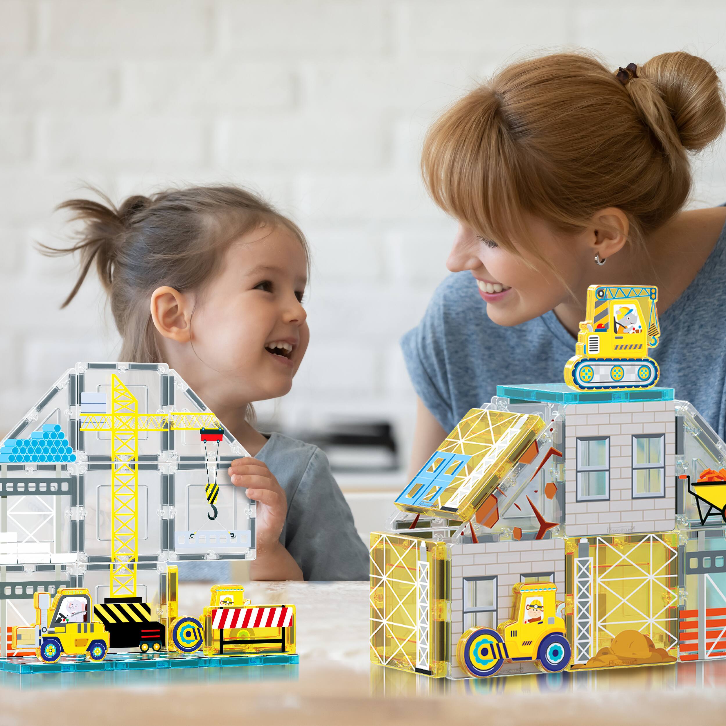 Alt View 1. PicassoTiles - PICASSO-TILES Magnetic Tiles for Kids, 45PCS Construction Theme, Magnet STEM Building Blocks Educational Toy.