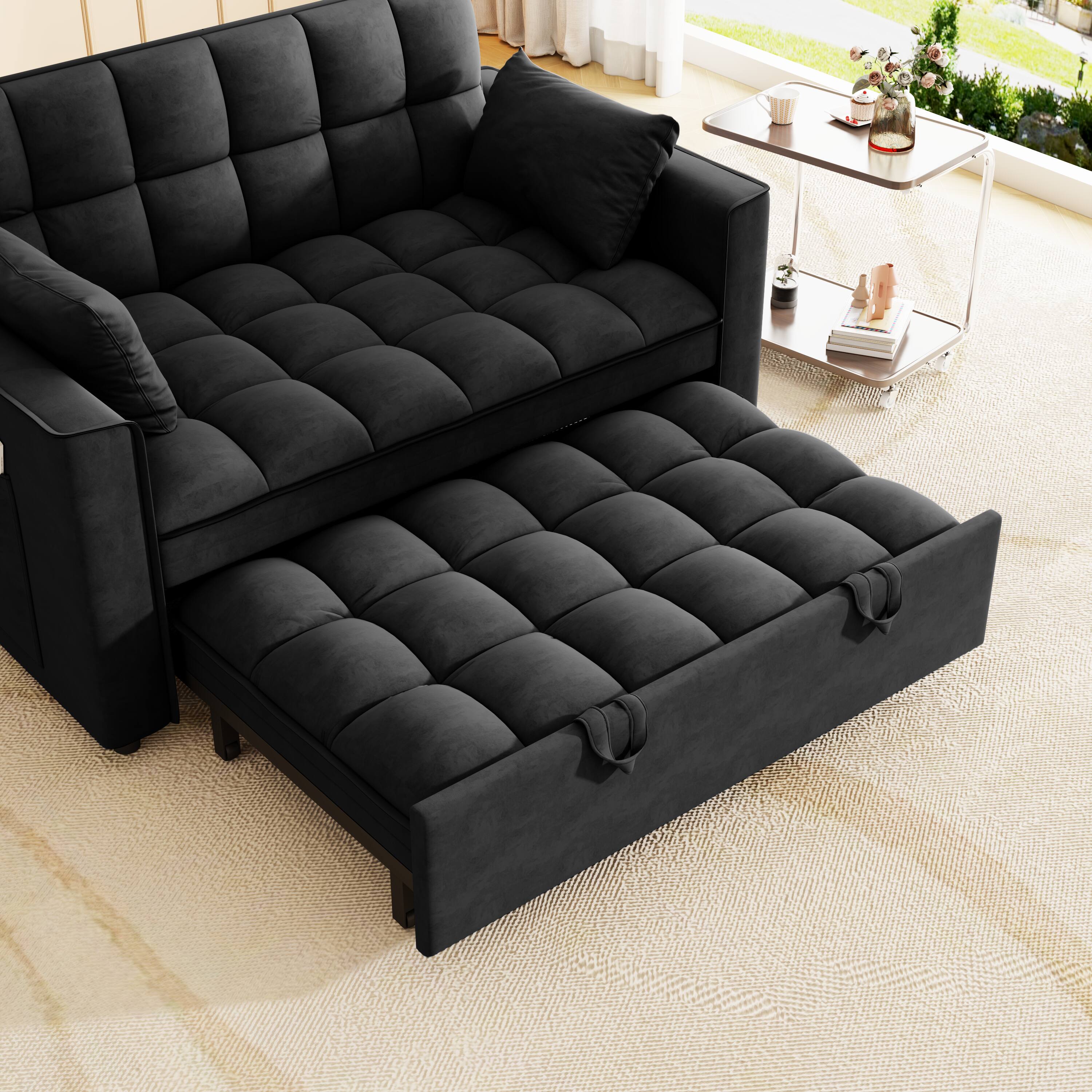 Alt View 2. Anysun - Modern Velvet Convertible Sleeper Sofa Bed with Pull-Out Bed, Pillows & Side Pockets for Small Spaces - Black.
