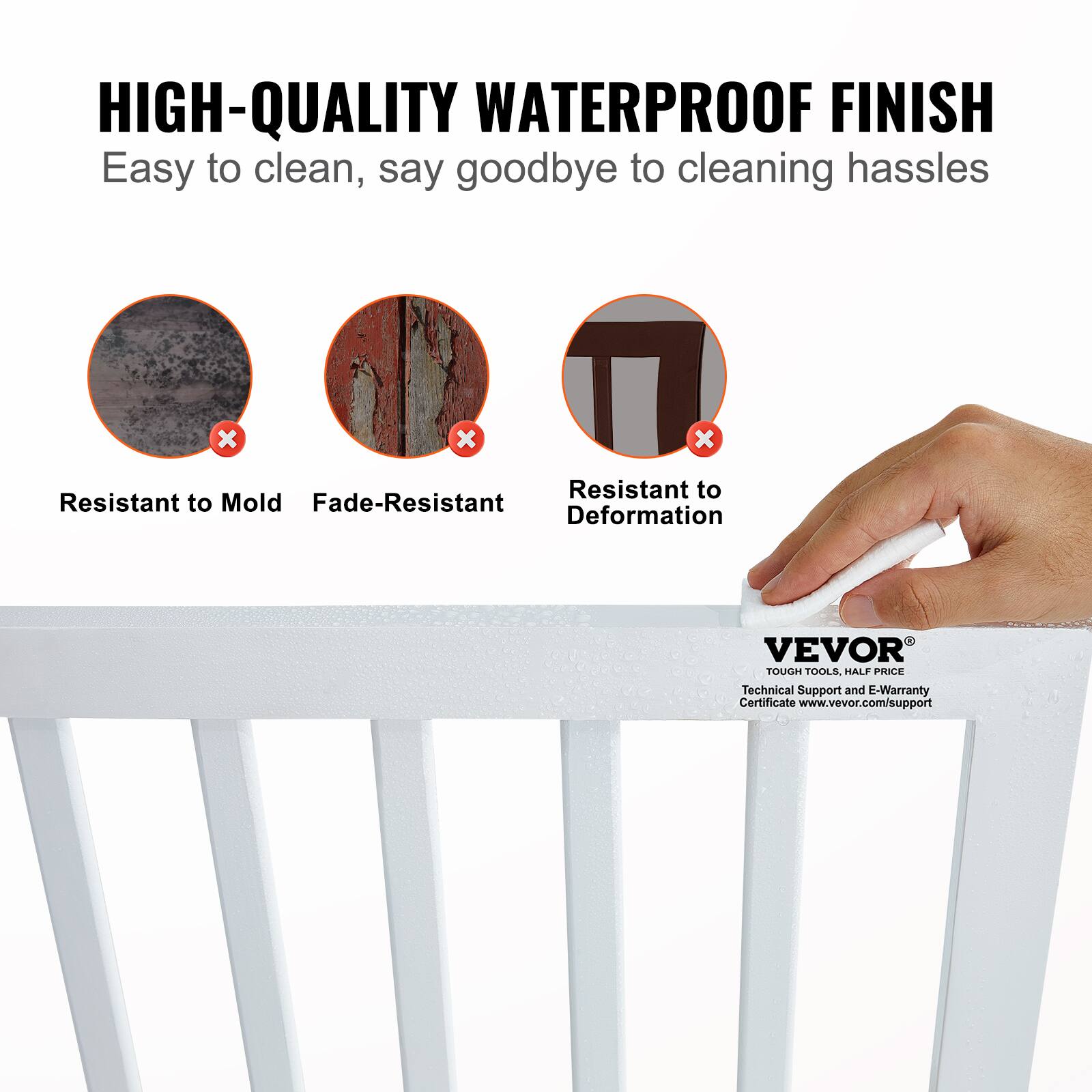 HIGH-QUALITY WATERPROOF FINISH

Easy to clean, say goodbye to cleaning hassles

- Resistant to Mold
- Fade-Resistant
- Deformation

VEVOR TOUGH TOOLS HALF PRICE

Technical Support and E-Warranty Certificate

www.vevor.com/support