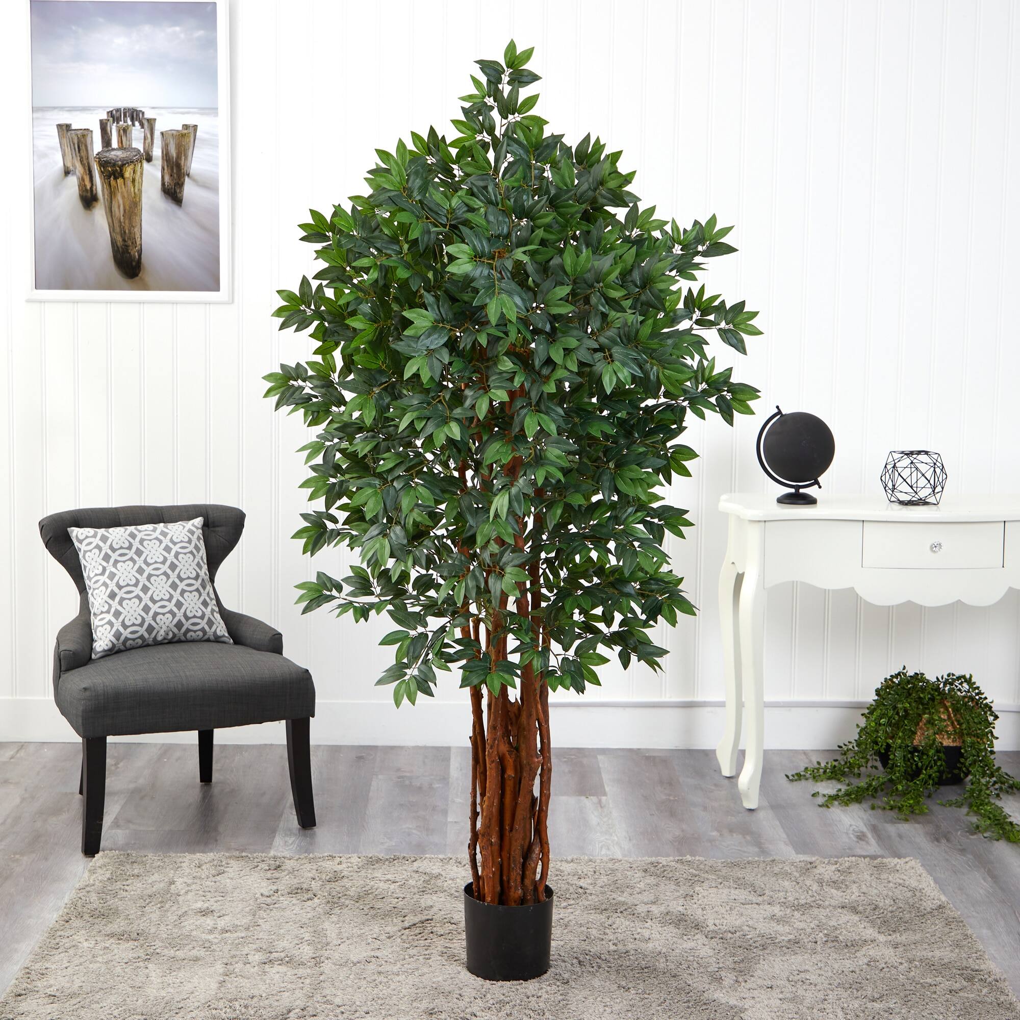 Front. BreeBe - 5.5' Lychee Artificial Tree with Natural Trunk - Green.