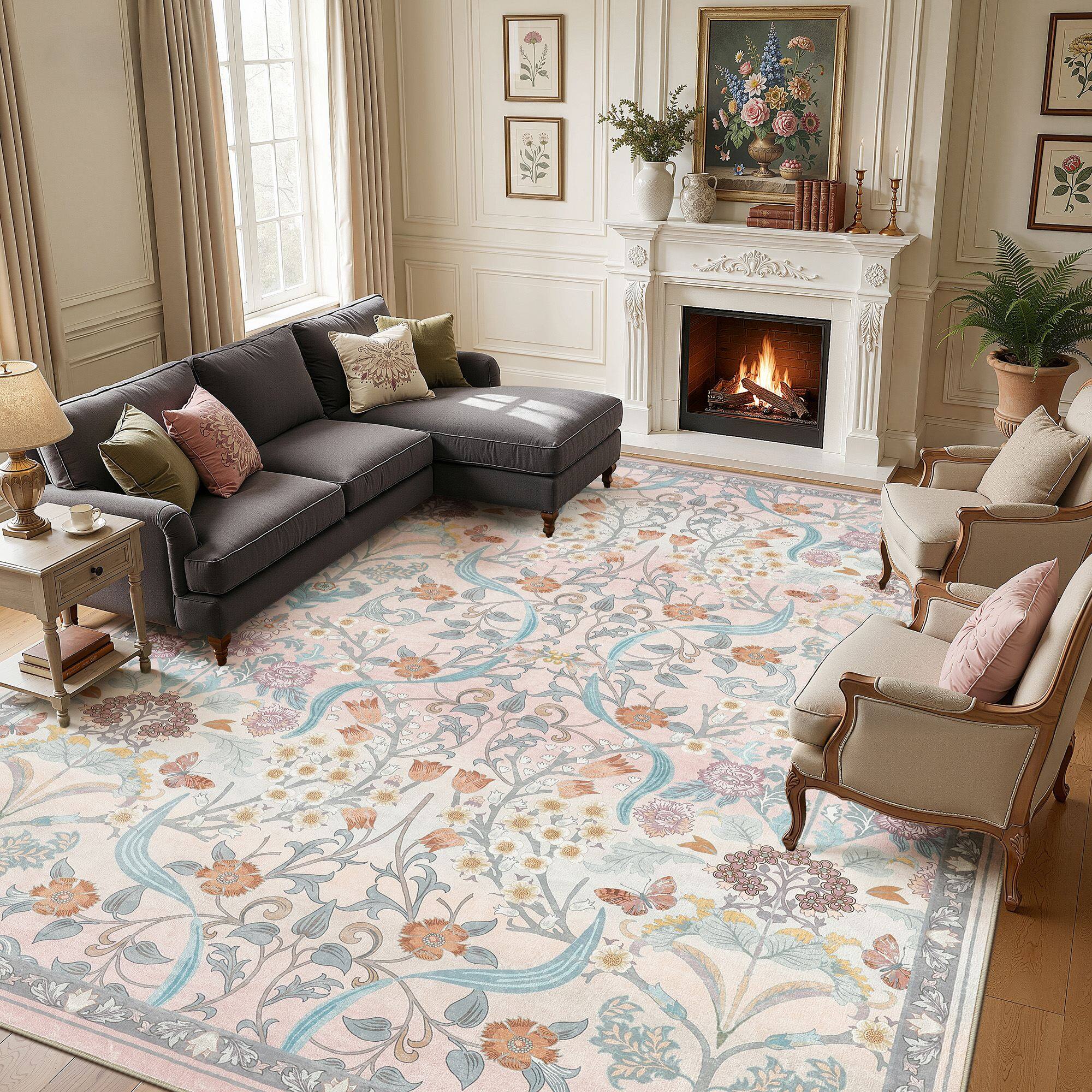 Left. Yardgrace - 6' x 9' ft Farmhouse Floral Area Rug Washable with Non-Slip for Playroom Living Room Bedroom - Light Pink.