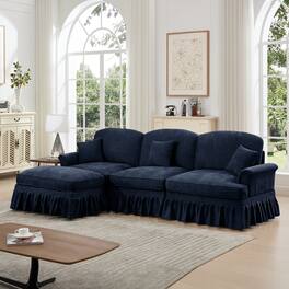 Anysun - Mid-Century L-Shape Chenille Sectional with Ottoman - Flared Arms, Ruffled Skirt & Spindle Legs - Blue