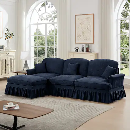 Front. Anysun - Mid-Century L-Shape Chenille Sectional with Ottoman - Flared Arms, Ruffled Skirt & Spindle Legs - Blue.