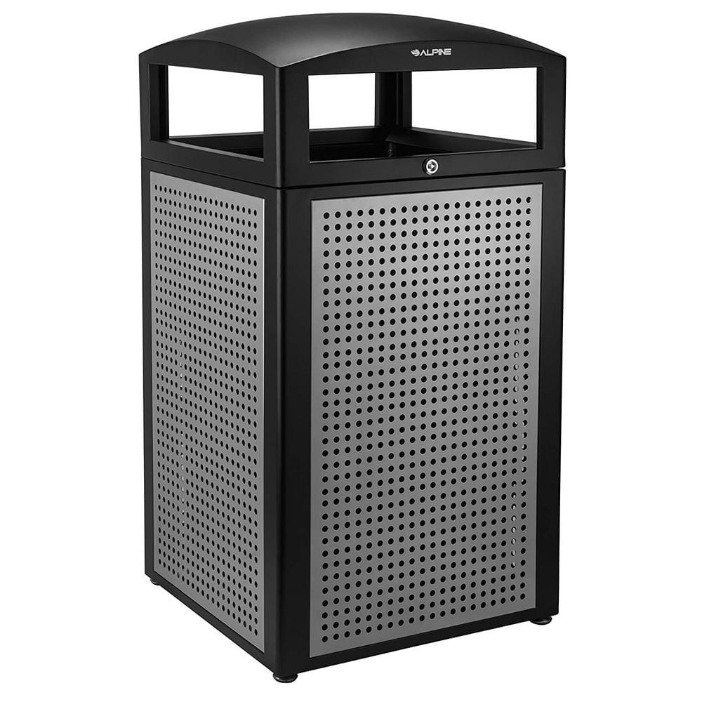 Alpine Industries - 40 Gallon Steel Outdoor Trash Can with Insert Liner and Dome Lid - Silver