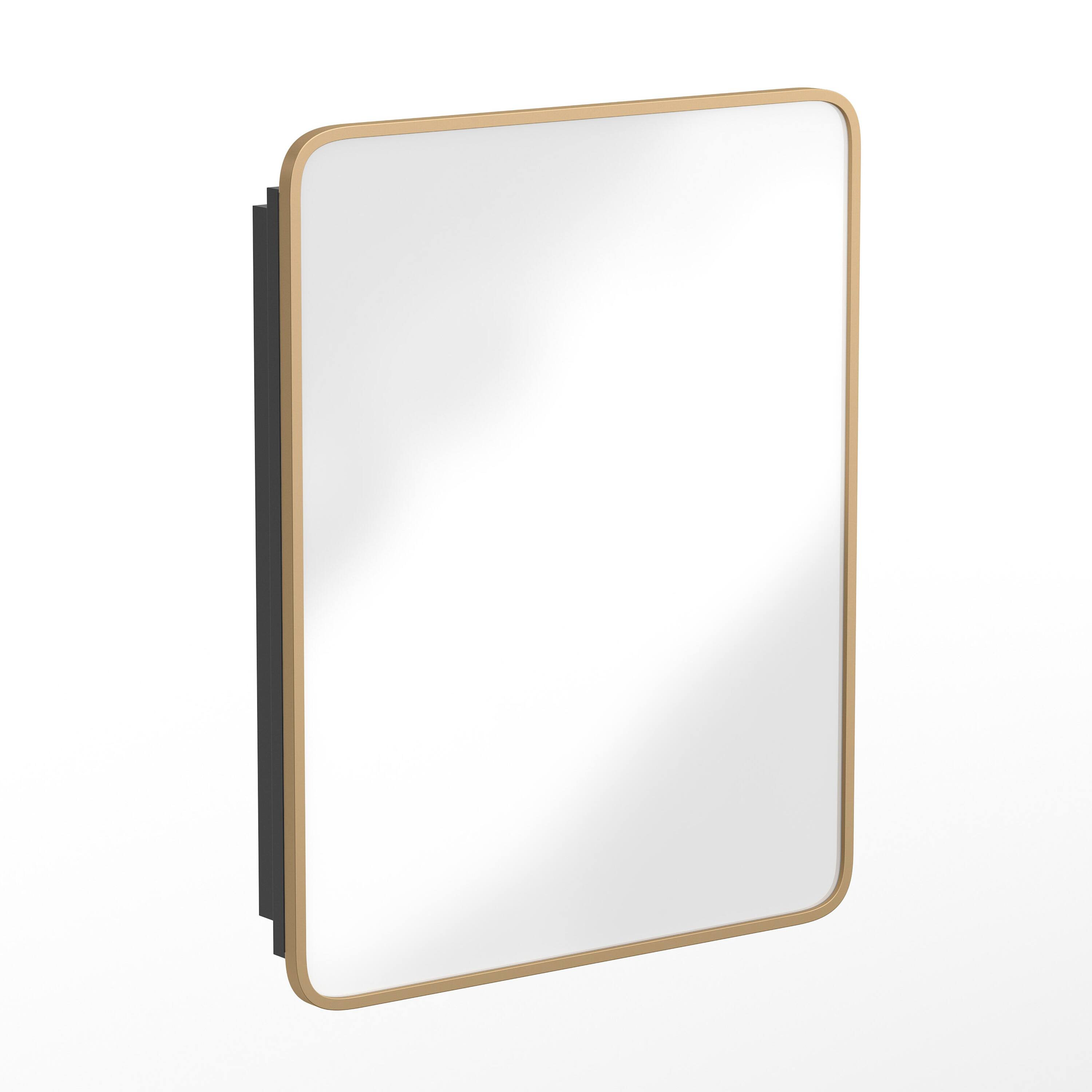 Alt View 1. Emma + Oliver - Jackie Metal Framed Bathroom Medicine Cabinet with Reversible, Recessed Design and Beveled Rounded Mirror - Gold.