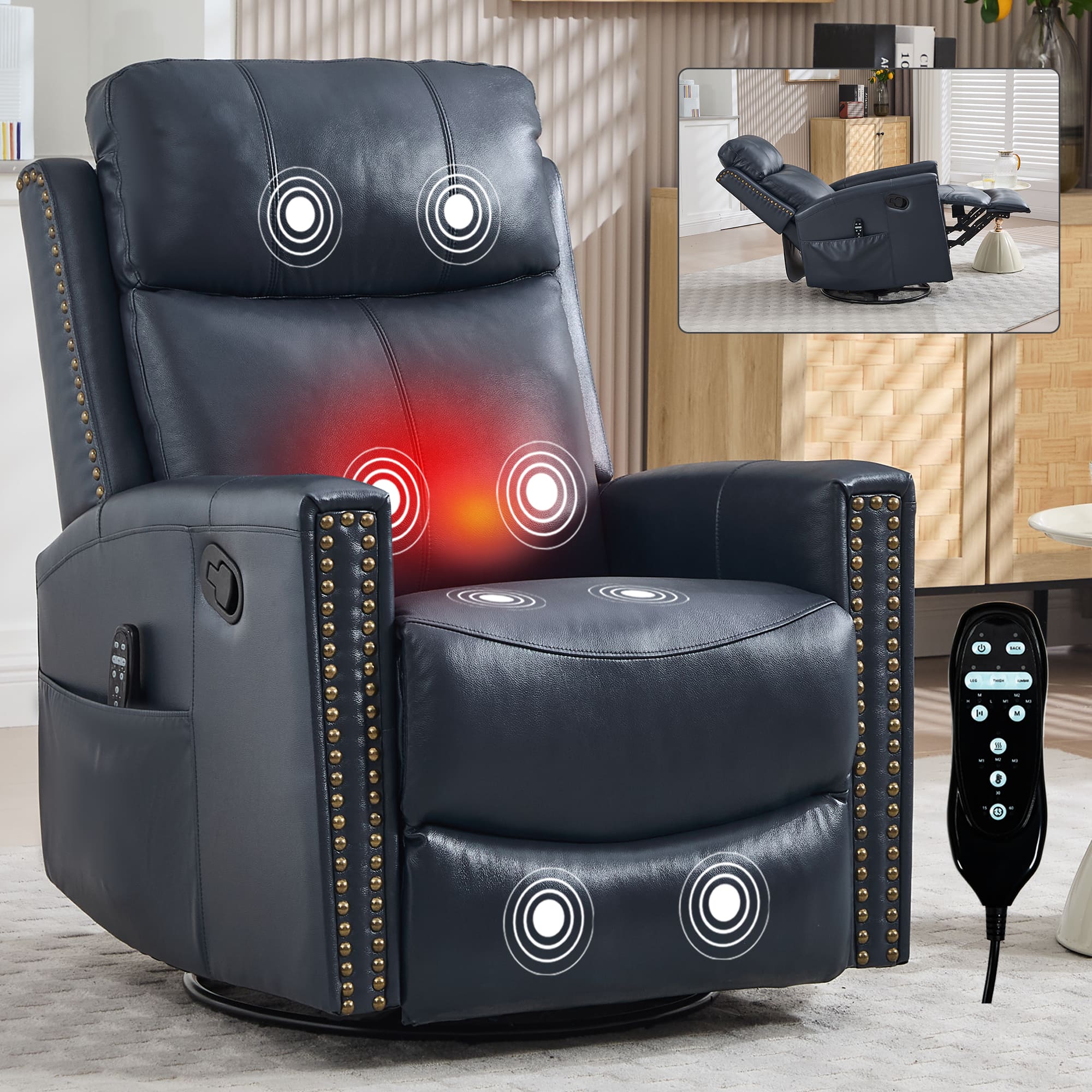 APRILSOUL - Genuine Leather Heat Massage Manual Recliner Chair Rocker Swivel - Blue