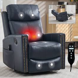 APRILSOUL - Genuine Leather Heat Massage Manual Recliner Chair Rocker Swivel - Blue