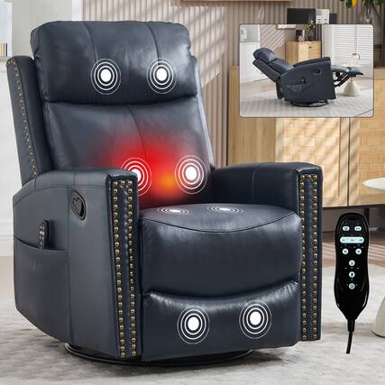 Front. APRILSOUL - Blue Genuine Leather Heat Massage Manual Recliner Chair Rocker Swivel - Blue.