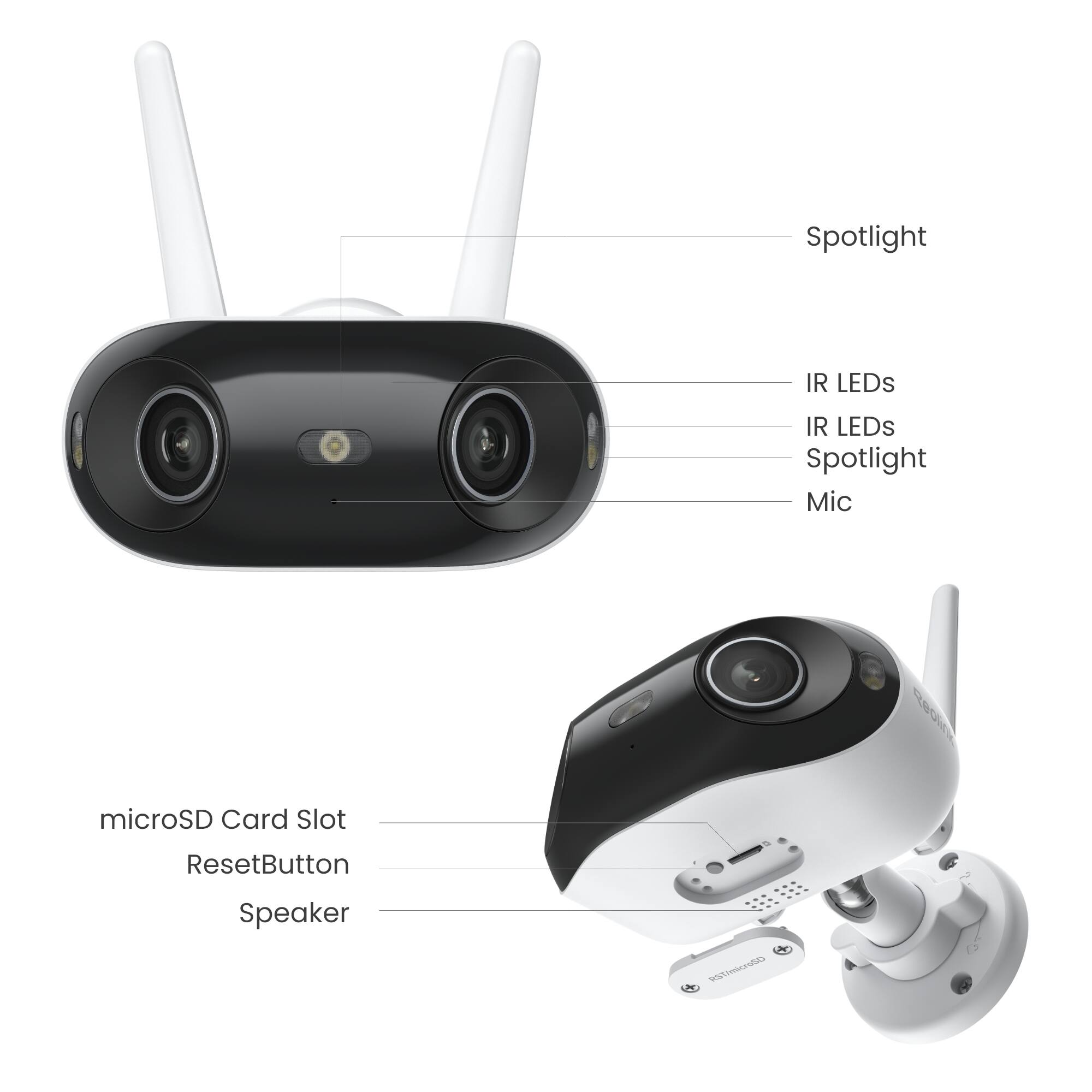 Spotlight  
IR LEDs  
IR LEDs Spotlight Mic  
microSD Card Slot  
ResetButton  
Speaker  
+ RST/microSD