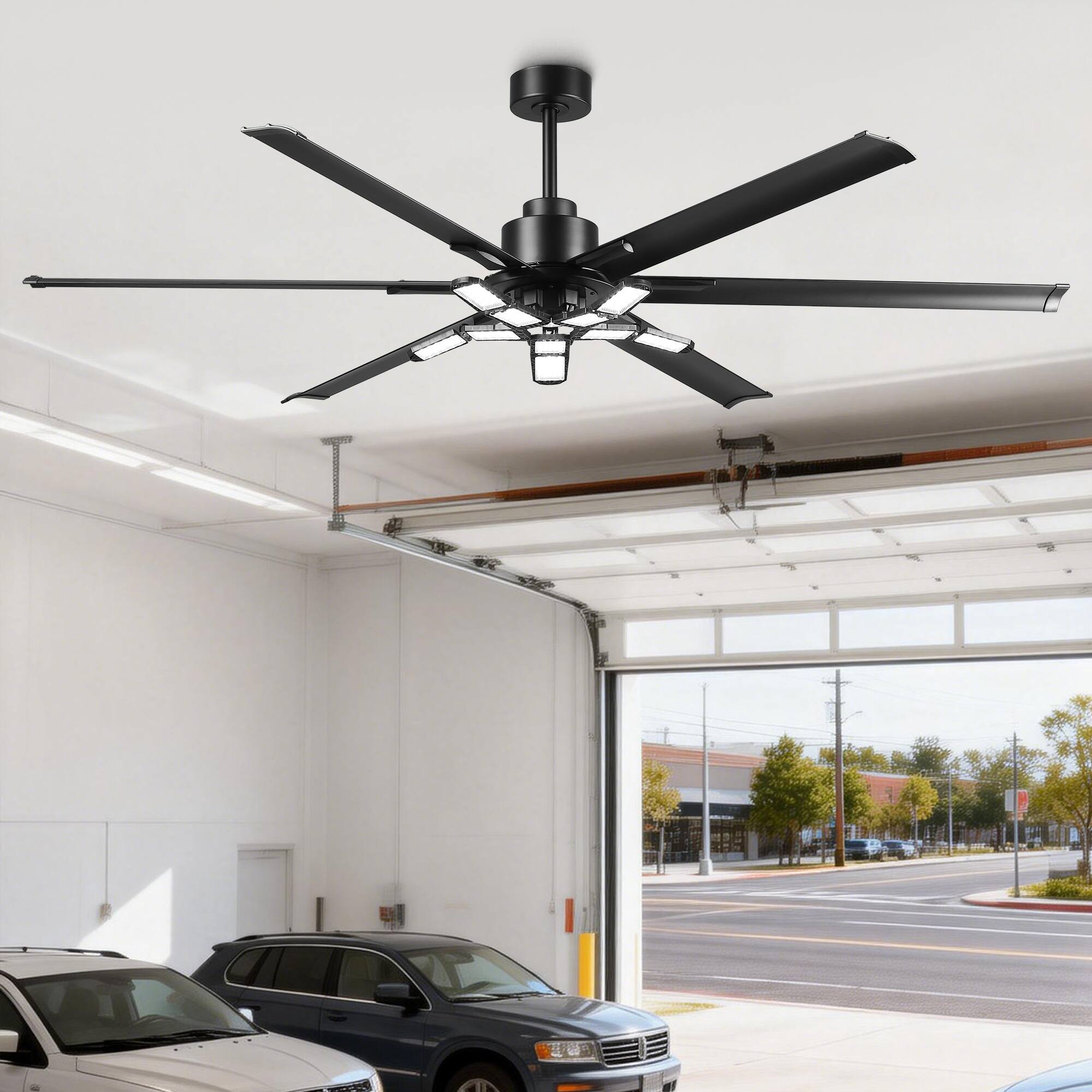 Front. Parrot Uncle - 72''Black Industrial HVLS Large Garage Ceiling Fan with Foldable LED and Remote Control - Black.