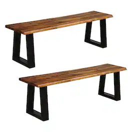 Gymax - 2 PCS Solid Acacia Wood Patio Bench Dining Bench Outdoor W/Rustic Metal Legs - as pic