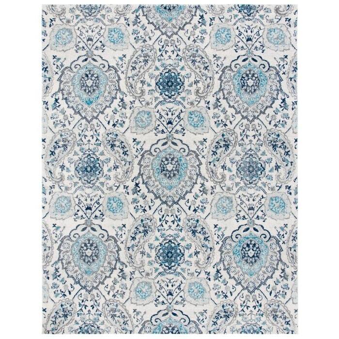 Hivvago - 3' x 5' Coastal Blue Grey Damask Indoor Area Rug - Blue, Grey