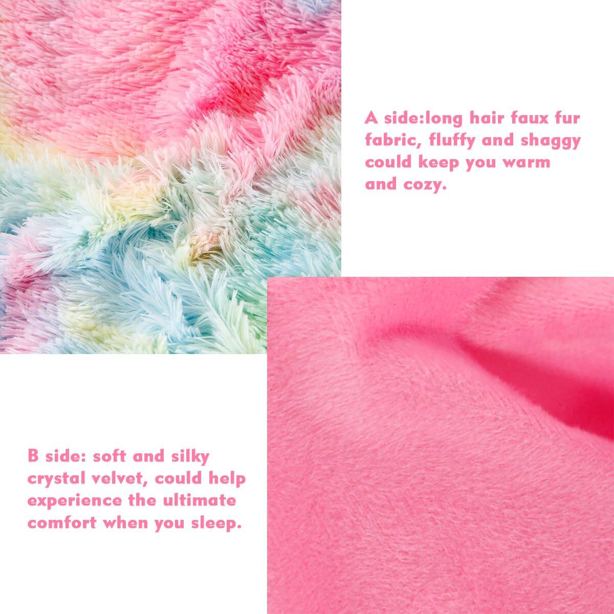 A side: long hair faux fur fabric, fluffy and shaggy could keep you warm and cozy.

B side: soft and silky crystal velvet, could help experience the ultimate comfort when you sleep.