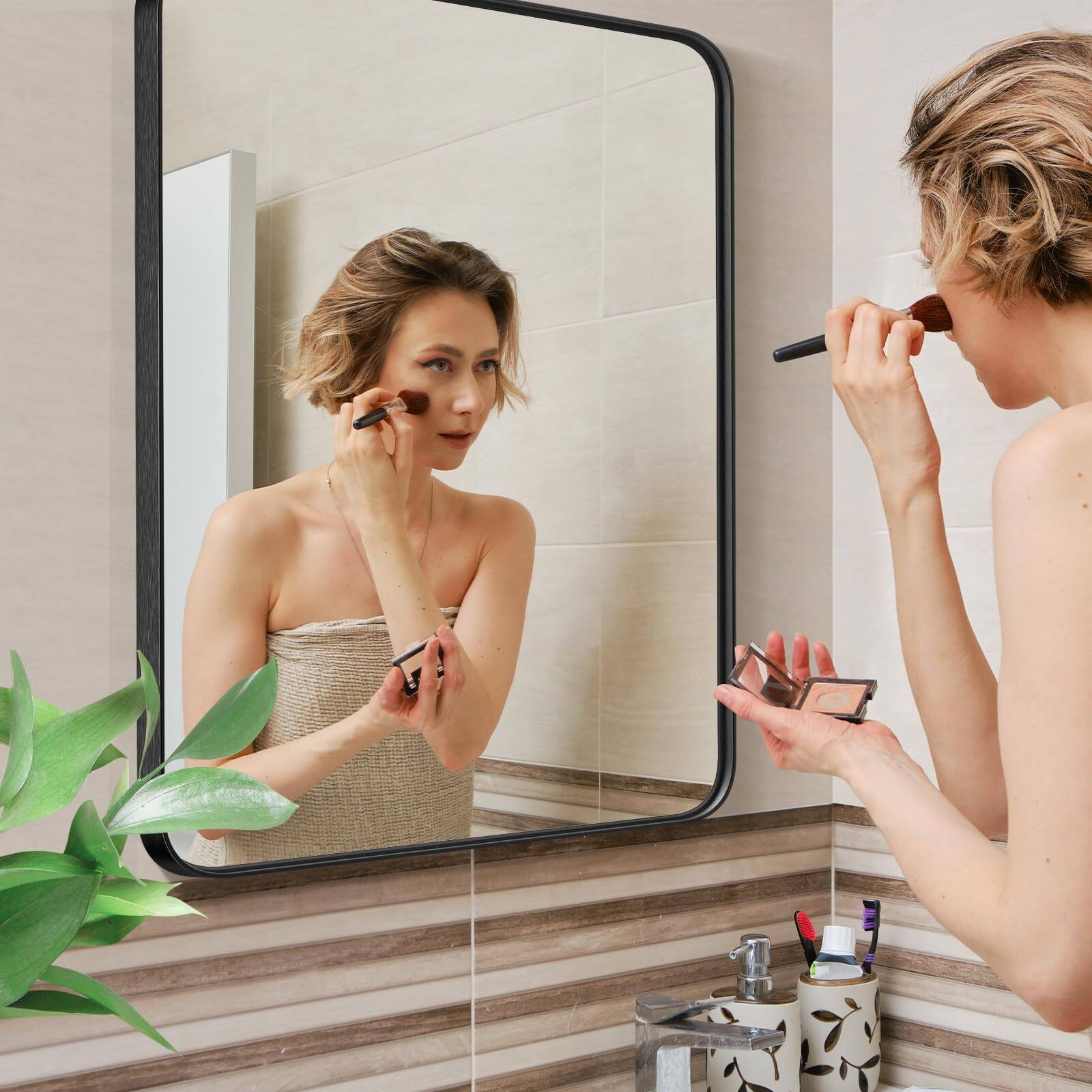 Left. Cedar Assembly - Bathroom Vanity Mirror For Wall Metal Framed Farmhouse Rectangle Nano GlassSturdy & Safe - The Rectangular - Gold-59"L x 16"W-Rec.