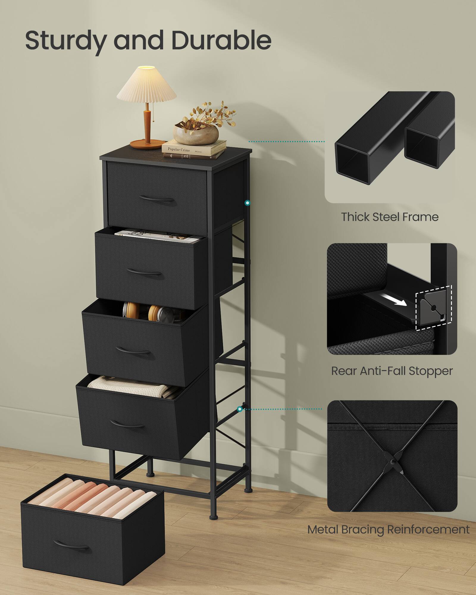 Sturdy and Durable  
Thick Steel Frame  
Rear Anti-Fall Stopper  
Metal Bracing Reinforcement