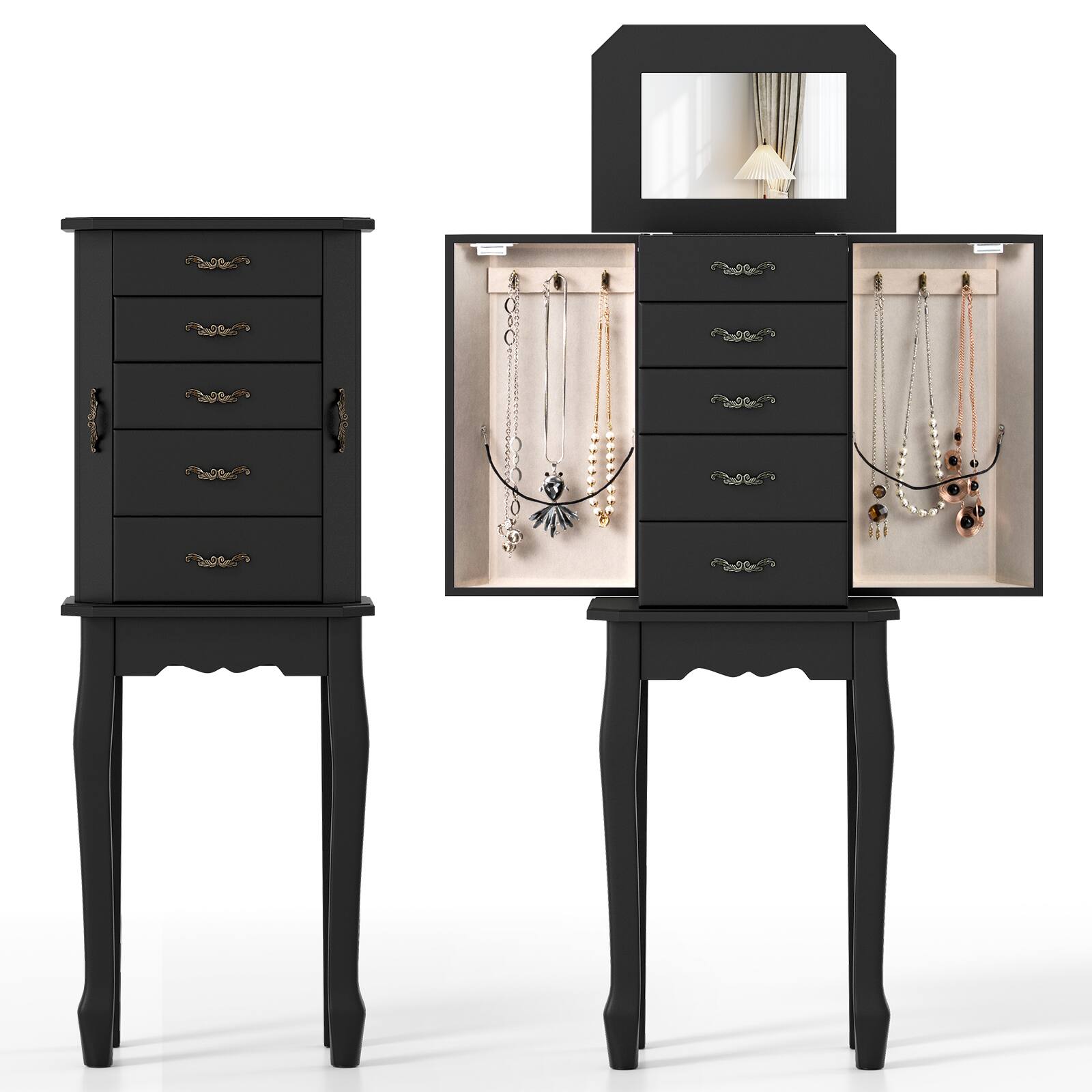 Alt View 9. Gymax - Gymax Jewelry Wood Cabinet Armoire Storage Box Chest St& Organizer Christmas Gift Black - Black.